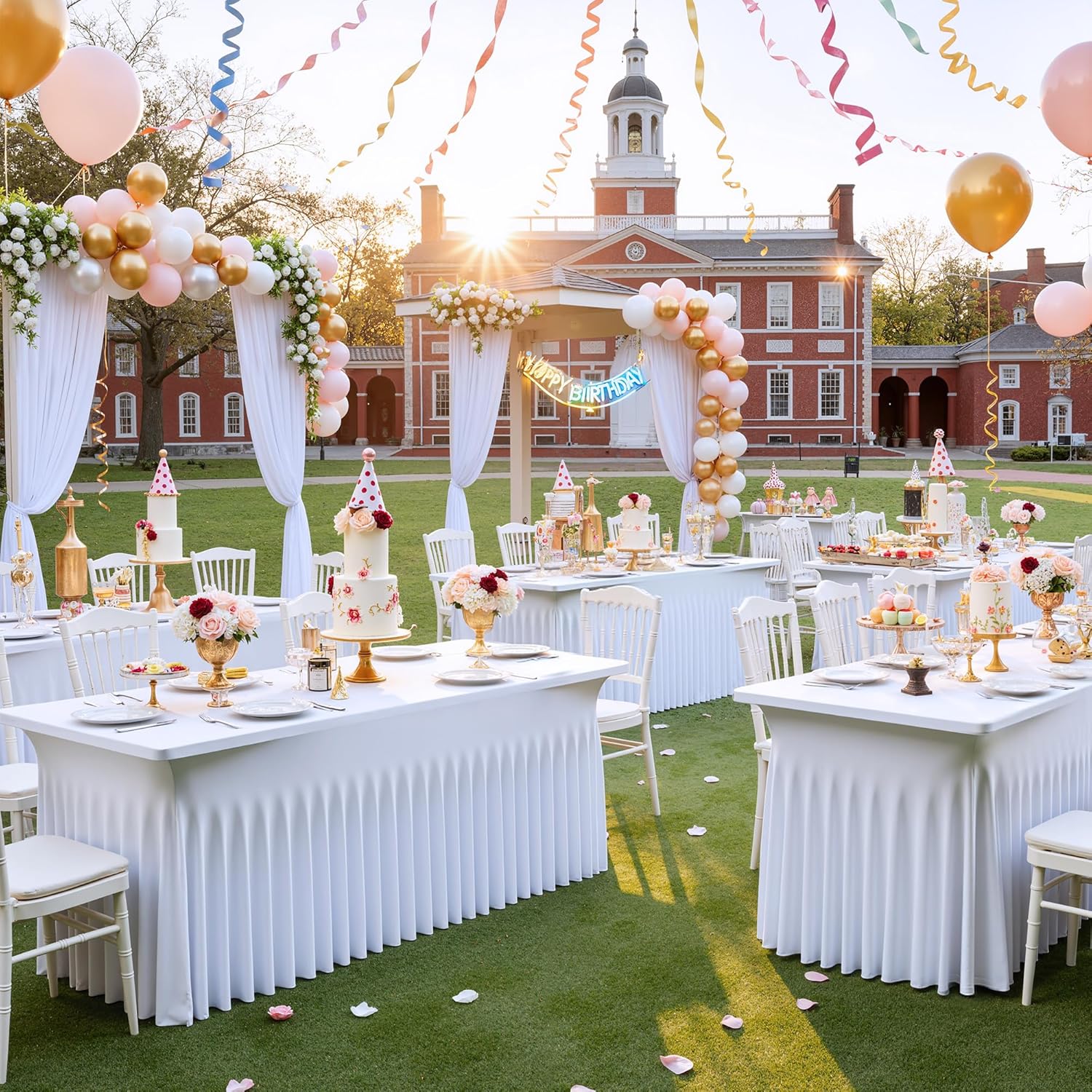 8FT Table Cloth for Rectangle Tables, 2 Pack White Spandex Table Skirs, Fitted Non-Slip Wrinkle-Free Elastic Covers for Party, Wedding, Trade Show, Birthday Decorations