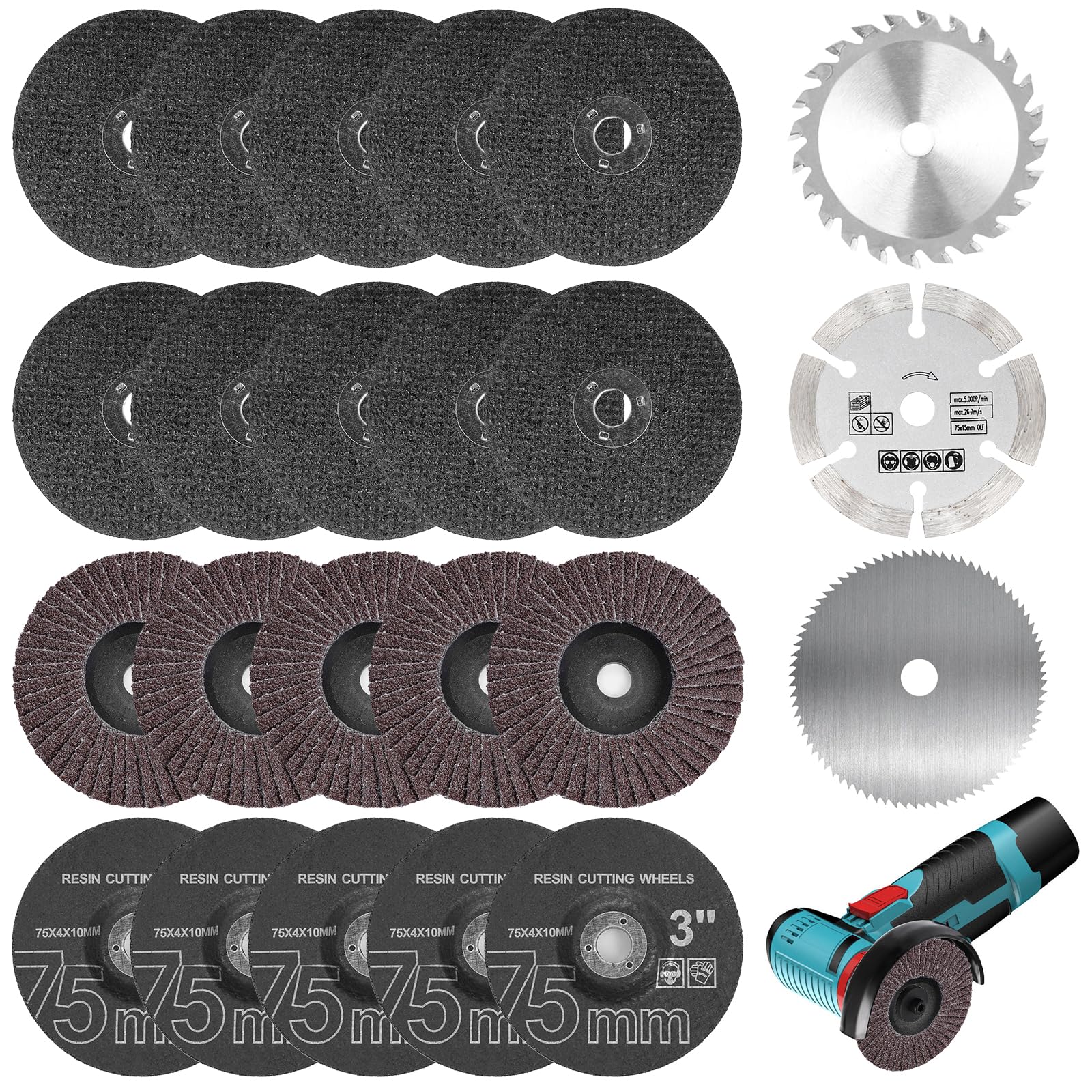 23 Pièces Disque Meuleuse & Disques à Lamelles 75mm, Accessoires Meuleuse Ø10mm, Disques Métal, Bois, Plastique, Diamant, Lame Circulaire Carbure pour Mini Meuleuses D'angle Sans Fi