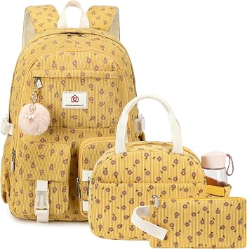 Hidds School Backpack with Lunch Box Laptop College Backpacks Corduroy Students Bookbag with Lunch Bag for Teens Girls Women 03-Corduroy Purple Floral
