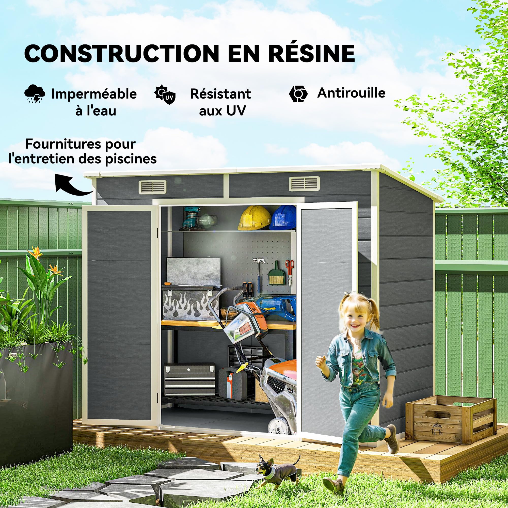 Outsunny Abri de Jardin 2,54 m² cabane de Jardin extérieur 2,4 x 1,3 m cabanon Rangement Outils avec Fondation, fenêtre, Portes verrouillables et 2 aérations, abri à Outils en Aluminium et PP, Gris