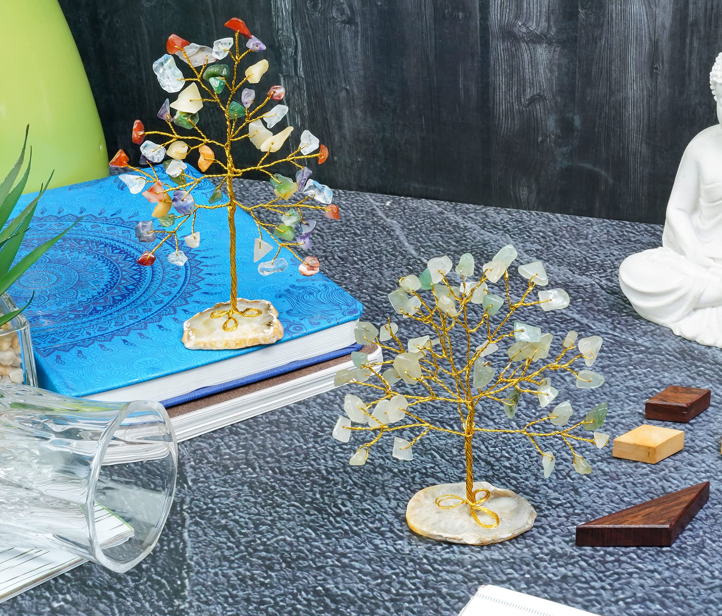 Green Aventurine & Mix Chakra Mini Slice Natural Healing Gemstone Crystal Bonsai Money Tree Feng Shui for Spiritual Gift Enhance Home Office Decor Good Luck, Wealth & Prosperity Size 80-85 mm