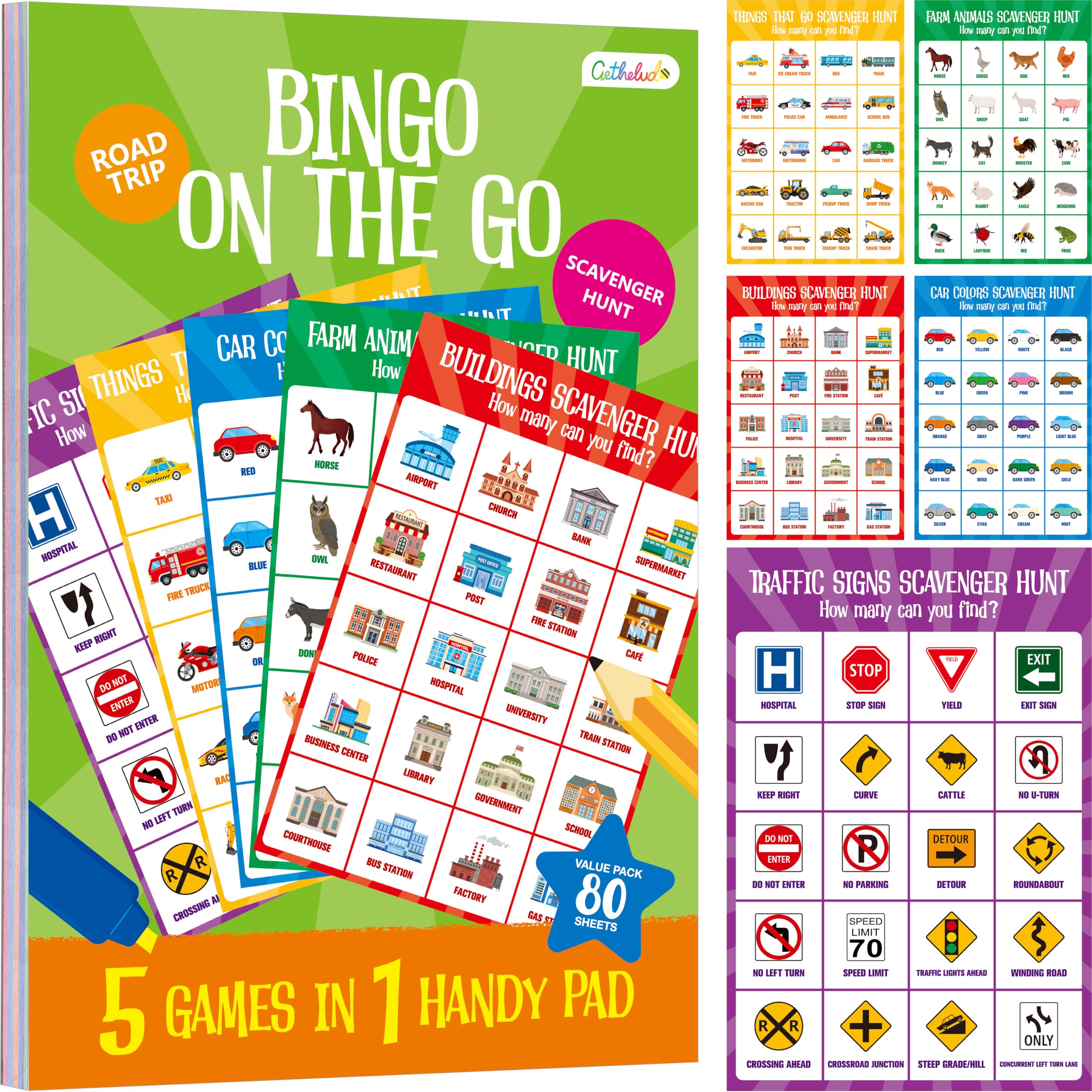Road Trip Game Pad, 5 Games in 1 (Farm Animals, Car Colors, Buildings, Traffic Signs, Vehicles Scavenger Hunt Bingo), Pen Pencil Paper Game, Plane Trip/Car Travel/Getaway Activity Pad for Kid, Adult