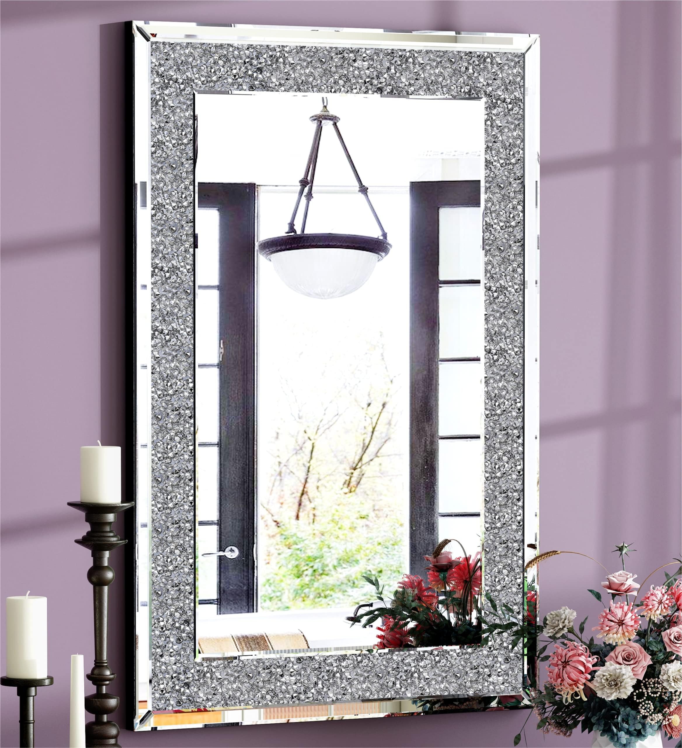 SHYFOY Specchio da Parete Rettangolare | Specchio Decorativo da Parete con Decoro Diamante in Cristallo | Specchio Grande e Lussuoso per Bagno Soggiorno Camera da letto Ingresso | 90 x 60 cm |