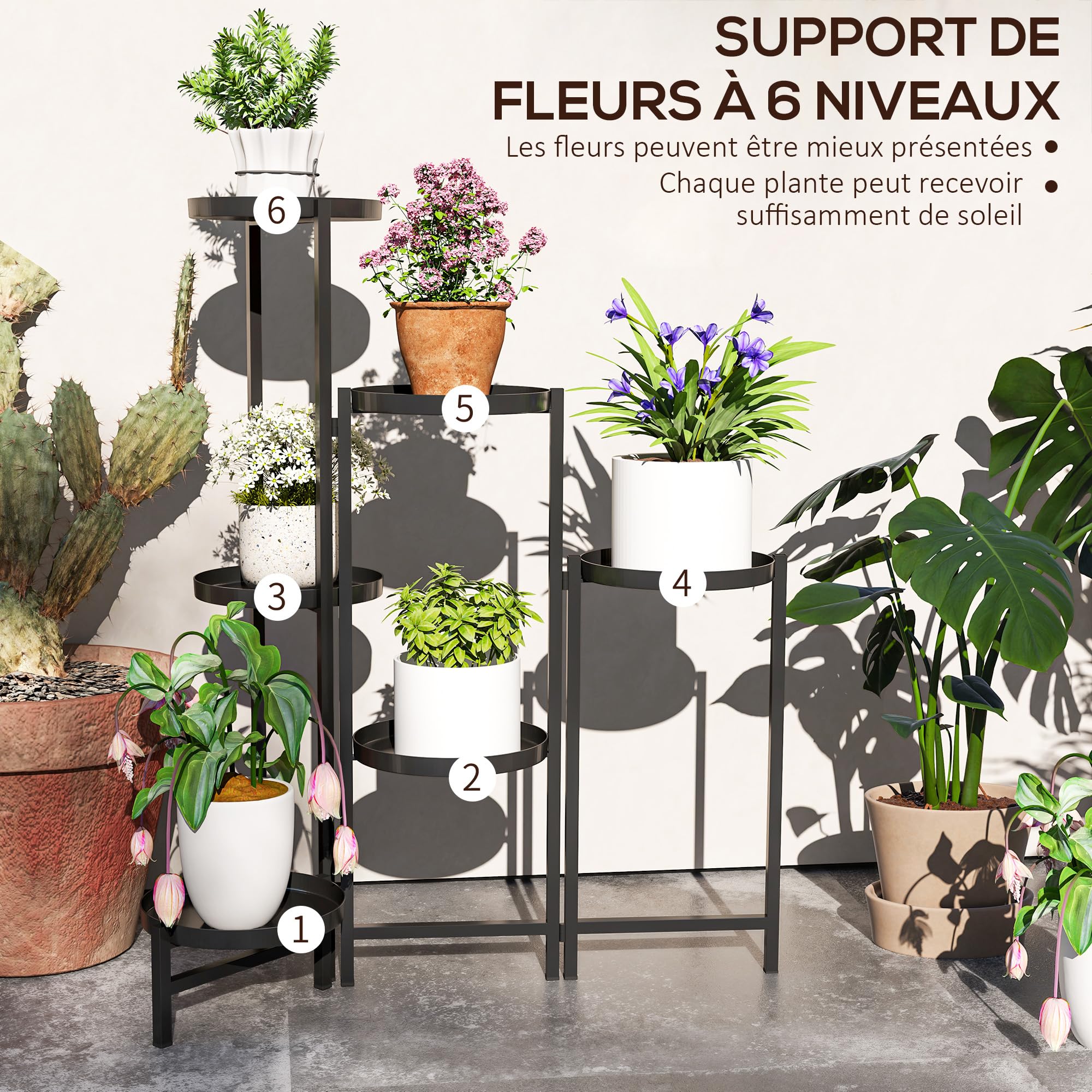 Outsunny Support pour plantes 6 niveaux Ajustable Pliable Métal Noir | Étagère Plante, Design sans Vis, Porte Plantes d'Intérieur pour Plusieurs Fleurs
