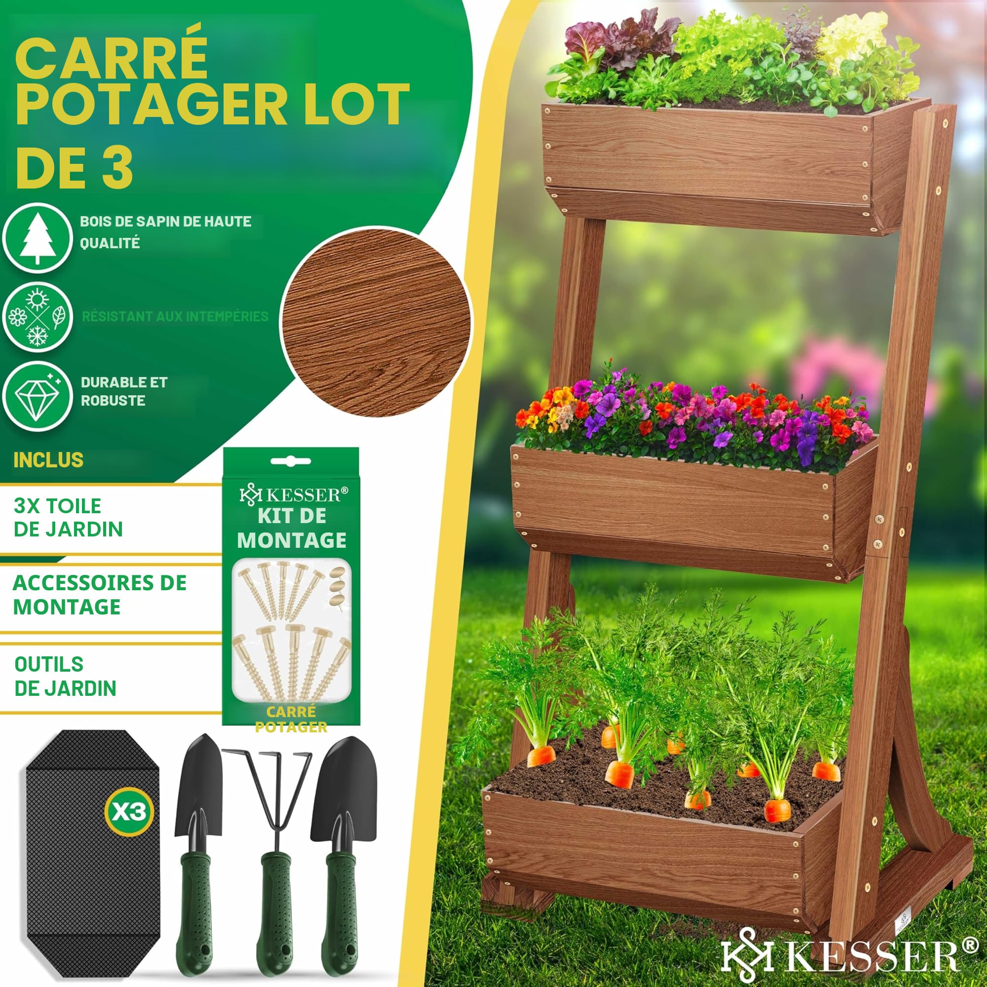 KESSER® Plate-Bande surélevée avec étages Premium Jardinière Étagère en escalier pour Fleurs Étagère en escalier pour plantations - Potager Parterre d'herbes Pots Plate-Bande (3 Sols, Brun)