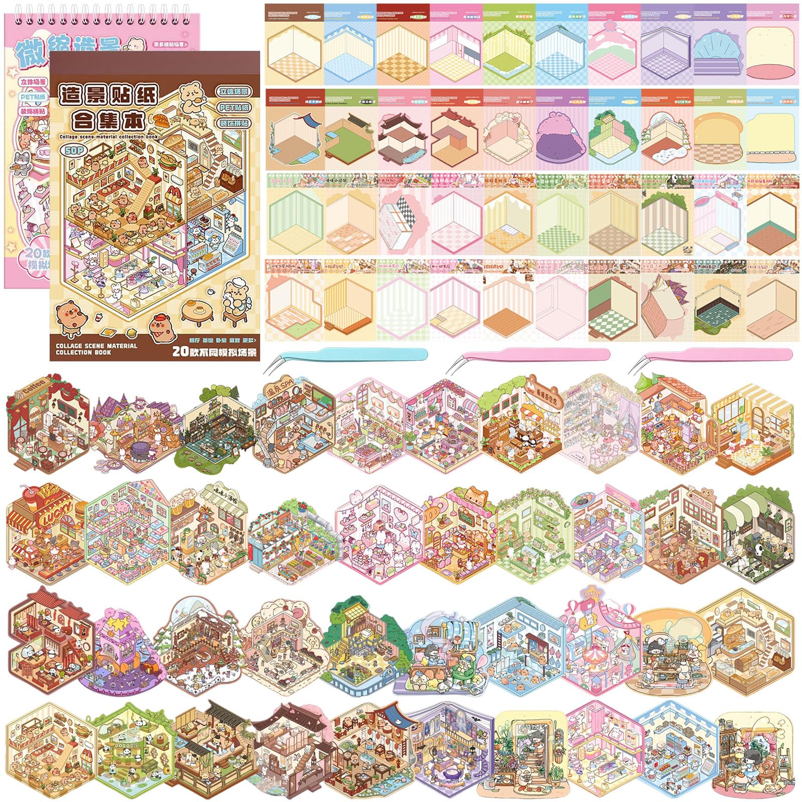 40 Adesivi di Scena Sticker Book, 60 Adesivi in PET, 3 Pinzette, Libro Adesivi di Scene Miniature Riutilizzabili, per Stress Sollievo Rilassamento & Divertimento