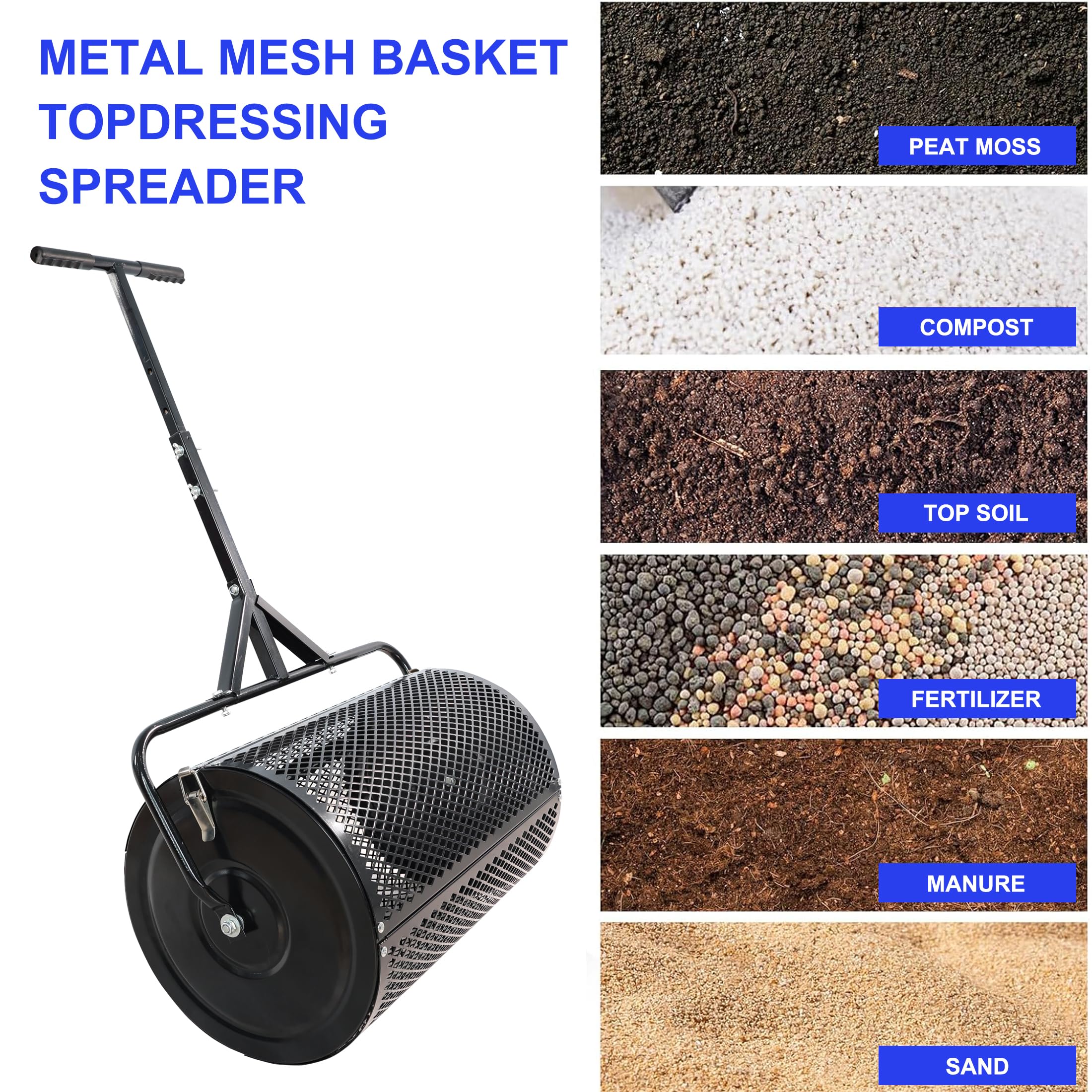 Torfstreuer mit T-förmigem Griff, leichte Metallgeflechtkonstruktion für die Rasen- und Gartenpflege, schwarz