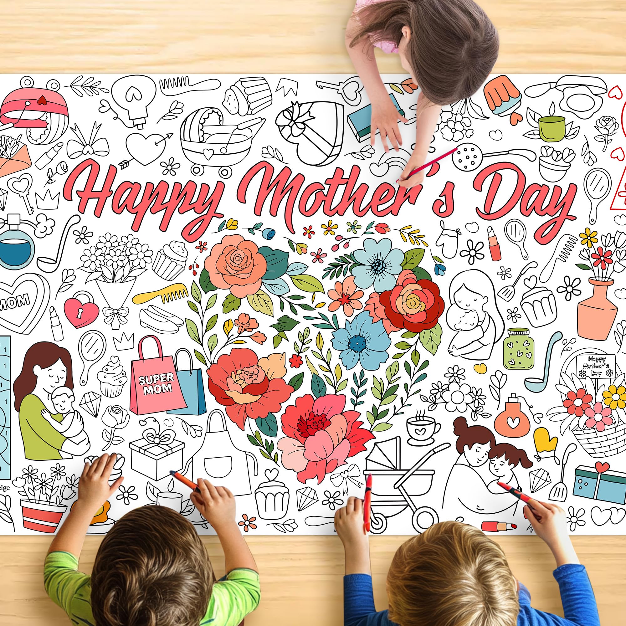Mother’s Day Coloring Tablecloth for Kids, Jumbo 30x72 Inch Poster with Flowers and Hearts, Perfect for Party Games, Family Activities, Classroom Projects, and Holiday Decorations