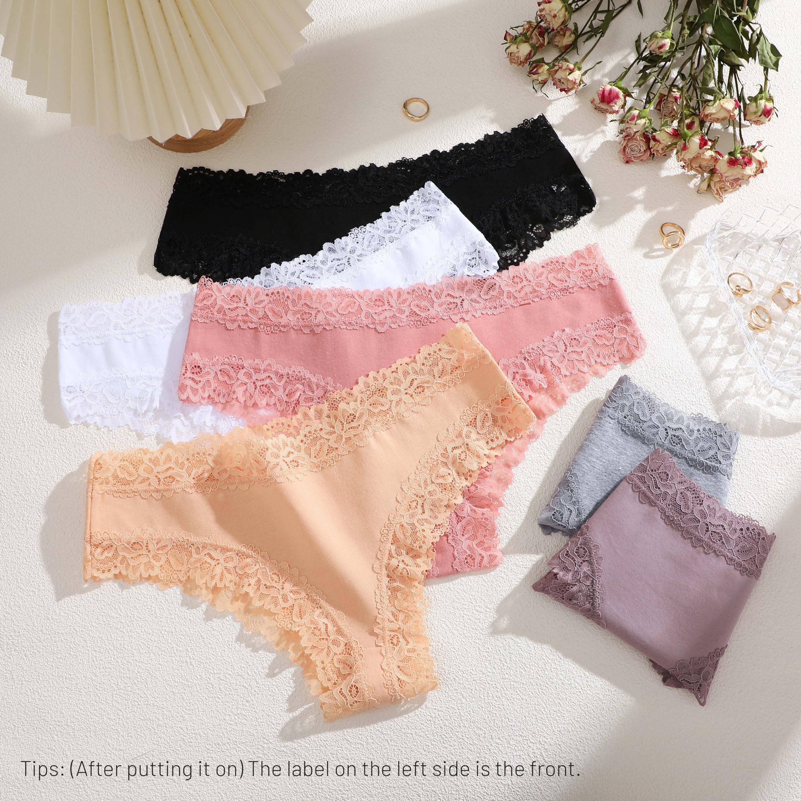 FINETOO Cotton Underwear for Women Sexy Panties Lace Hipster Low Rise Breathable Womens Cheeky 6 Pack S-XL: Black Large
