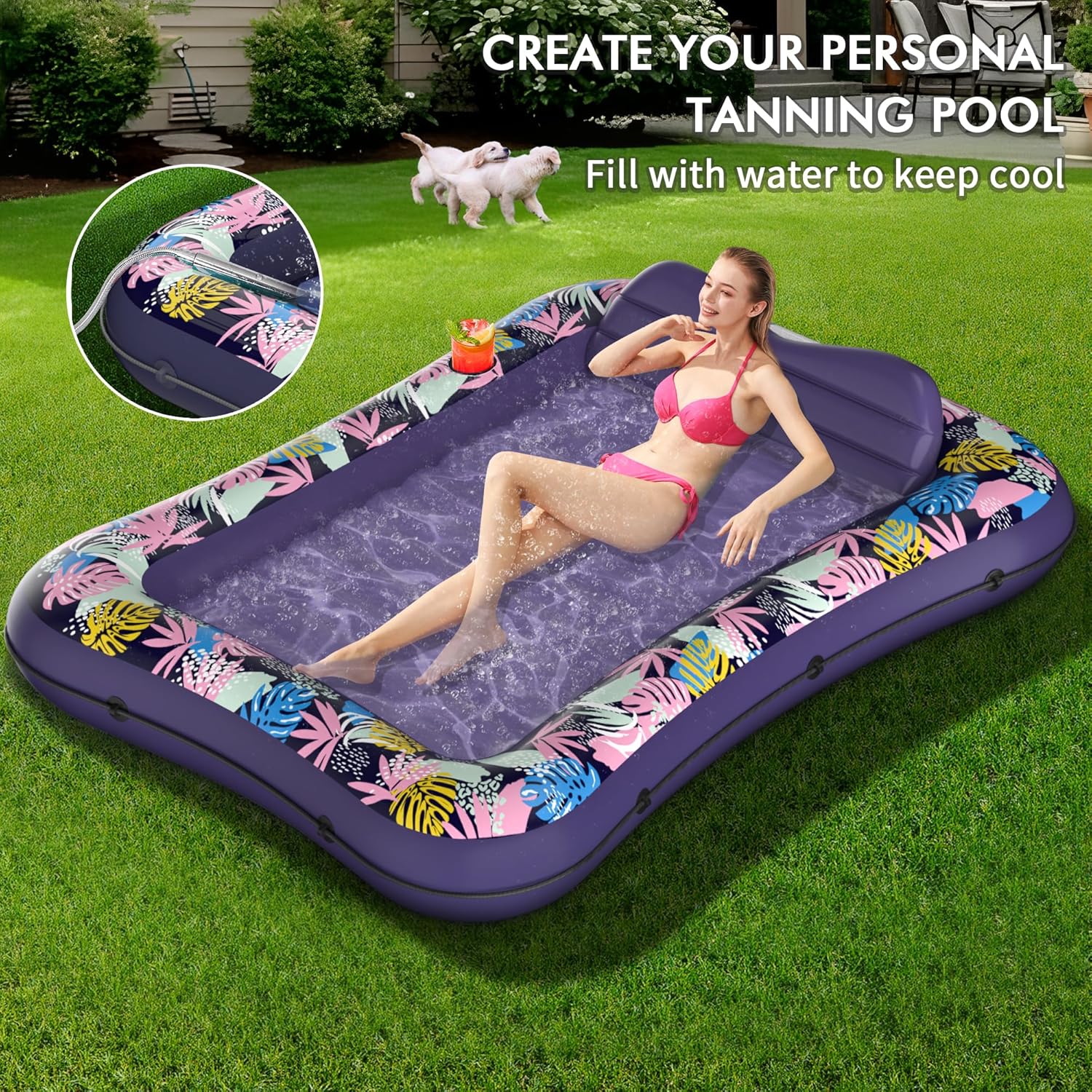 Tanning Pool Lounger Float, OKSUWATER 75" x 51" Pool Floats Adult with Headrest & Drink Holder, Blow-Up Bed Sun Tan Tub for Sunbathing, Beach, Backyard, Outdoor, Summer Water Party (Purple-L)