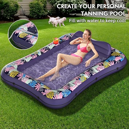 Miniatura 2 de Flotador para tumbona de piscina, de 75 x 51 pulgadas, para adultos, con reposacabezas y soporte para bebidas, cama inflable para tomar el sol,