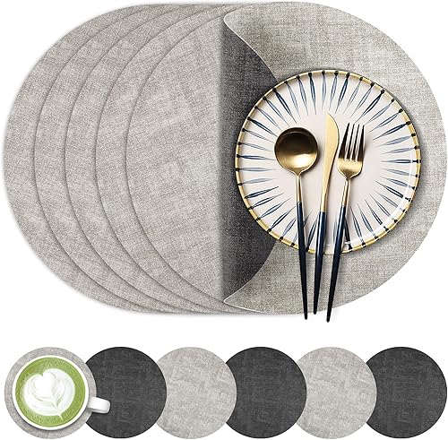 Miniatura 9 de Juego de 6 manteles individuales redondos de piel sintética de 13 pulgadas, impermeables, antideslizantes, de doble cara, resistentes al calor,