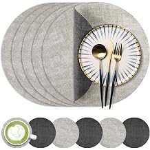 13-Inch Faux Leather Round Placemats Set of 6, Waterproof Anti-Slip Dual Sided Place mats, Heat Resistant Washable Table Mats with Coaster, Suitable for Indoor & Outdoor 6, Black Light Gray
