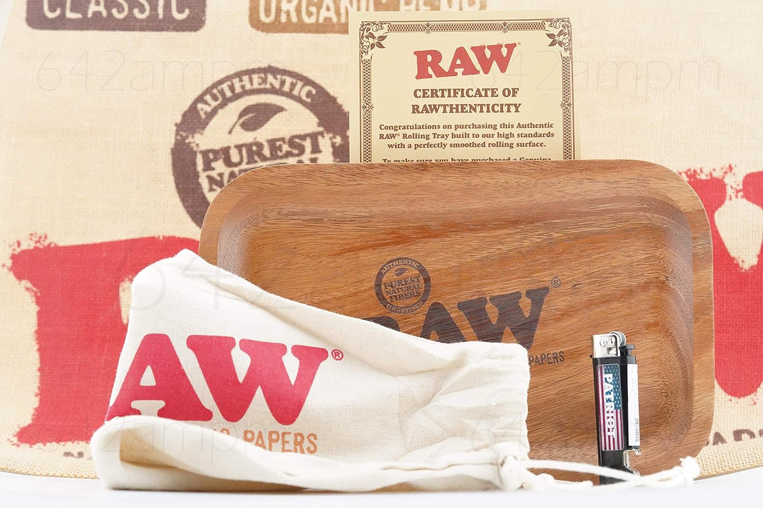 Bundle - 2 Items - Raw Wood Rolling Tray and Patriot Disposable Lighter