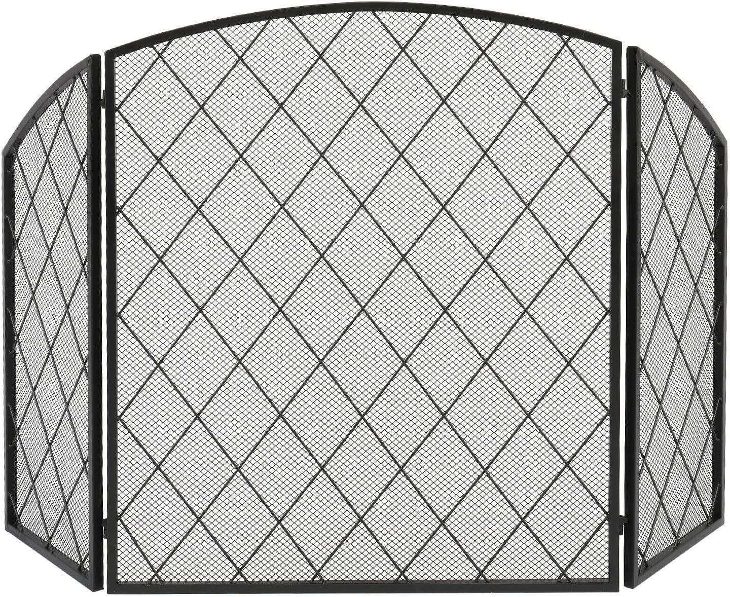 Tri-Fold Fireplace Screen Guard, Arc Top Decorative Iron with Thin Diamond Grid, Fireproof Flat Screen Protector for Home Safety and Style