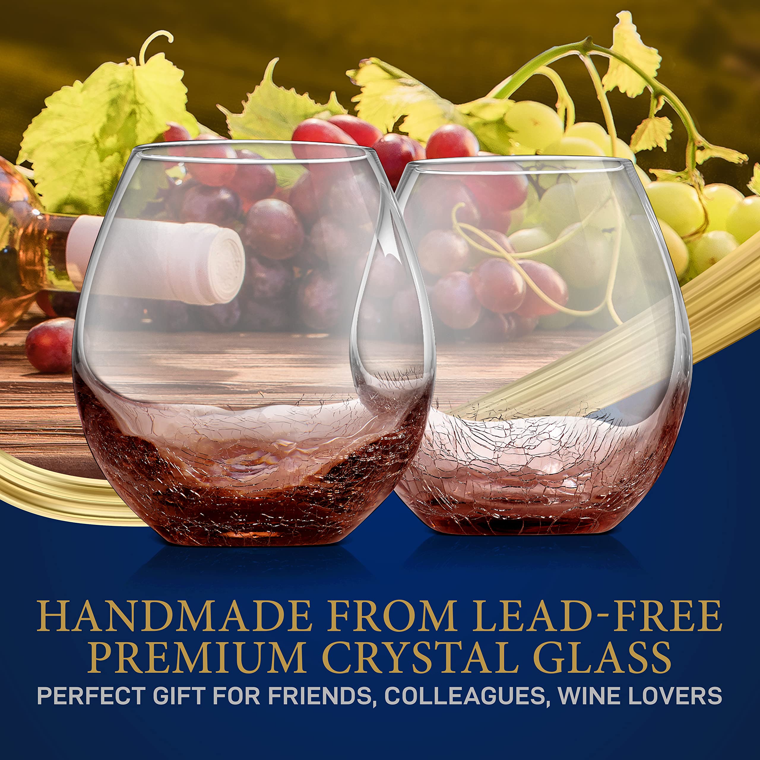 Nutrichef Copas de vino sin tallo de 19 onzas, juego de 2 elegantes vasos de cristal transparente de vino tinto y blanco con diseño de grietas de hielo, cuenco sin plomo, apto para lavavajillas,