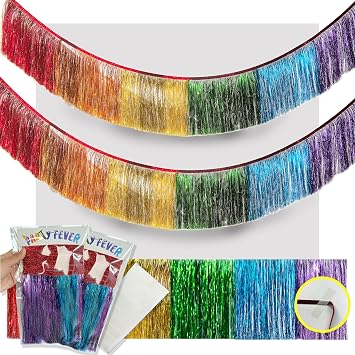 2Pack Eanjia Well Tinsel Fringe Party Banner 13FT|1Bag x 5Ft Tinsel+1.6ft Hanging Strings |Metallic Shiny Glitter Curtain Garland | Party Party Streamers Backdrop Decor Rainbow, 2Pack -13FT