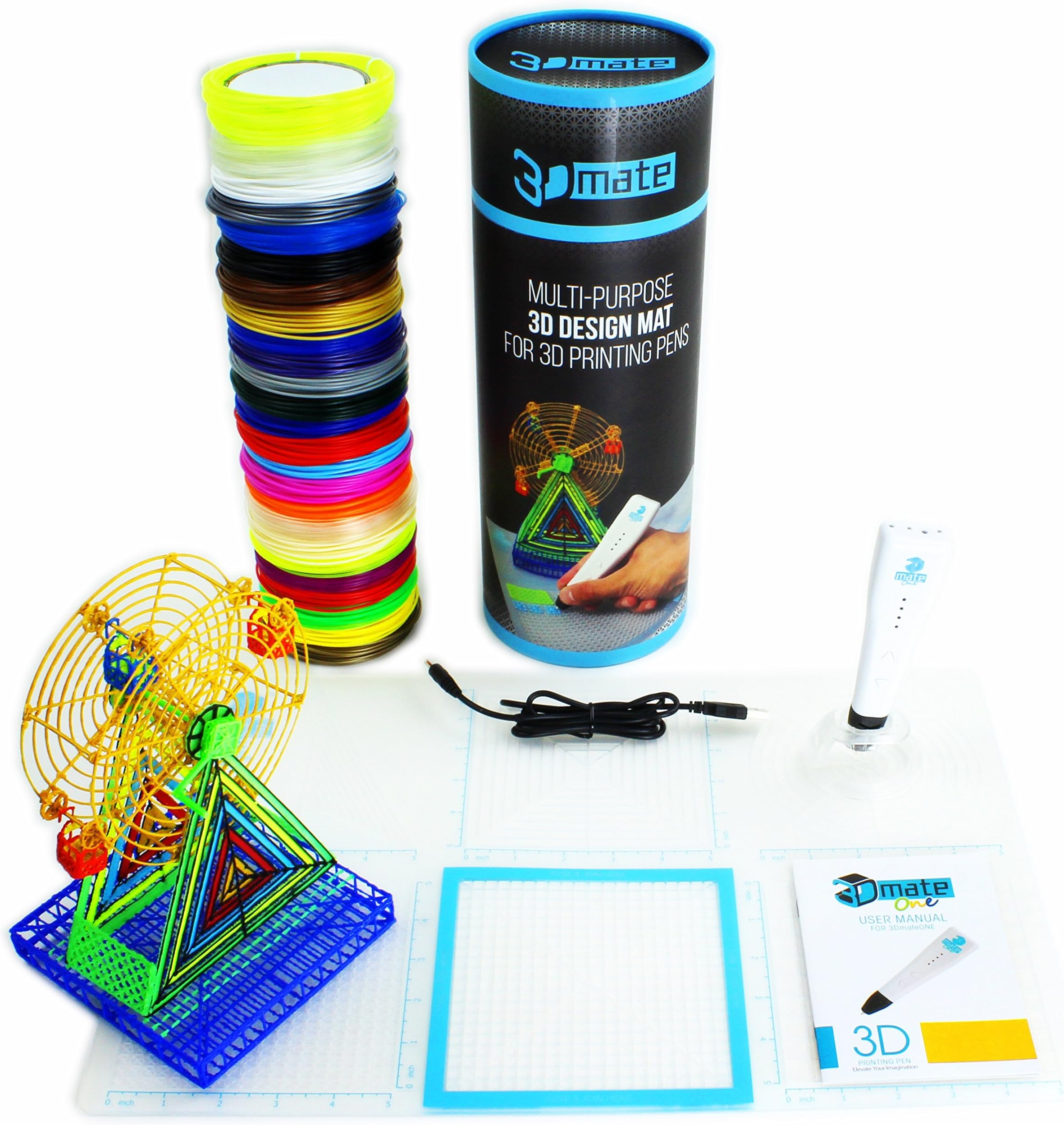 3Dmate Trio - Complete 3D Printing Pen Design Kit Including 3D Pen Multifunctional Design Mat and 500ft of Multicolor PLA Filament