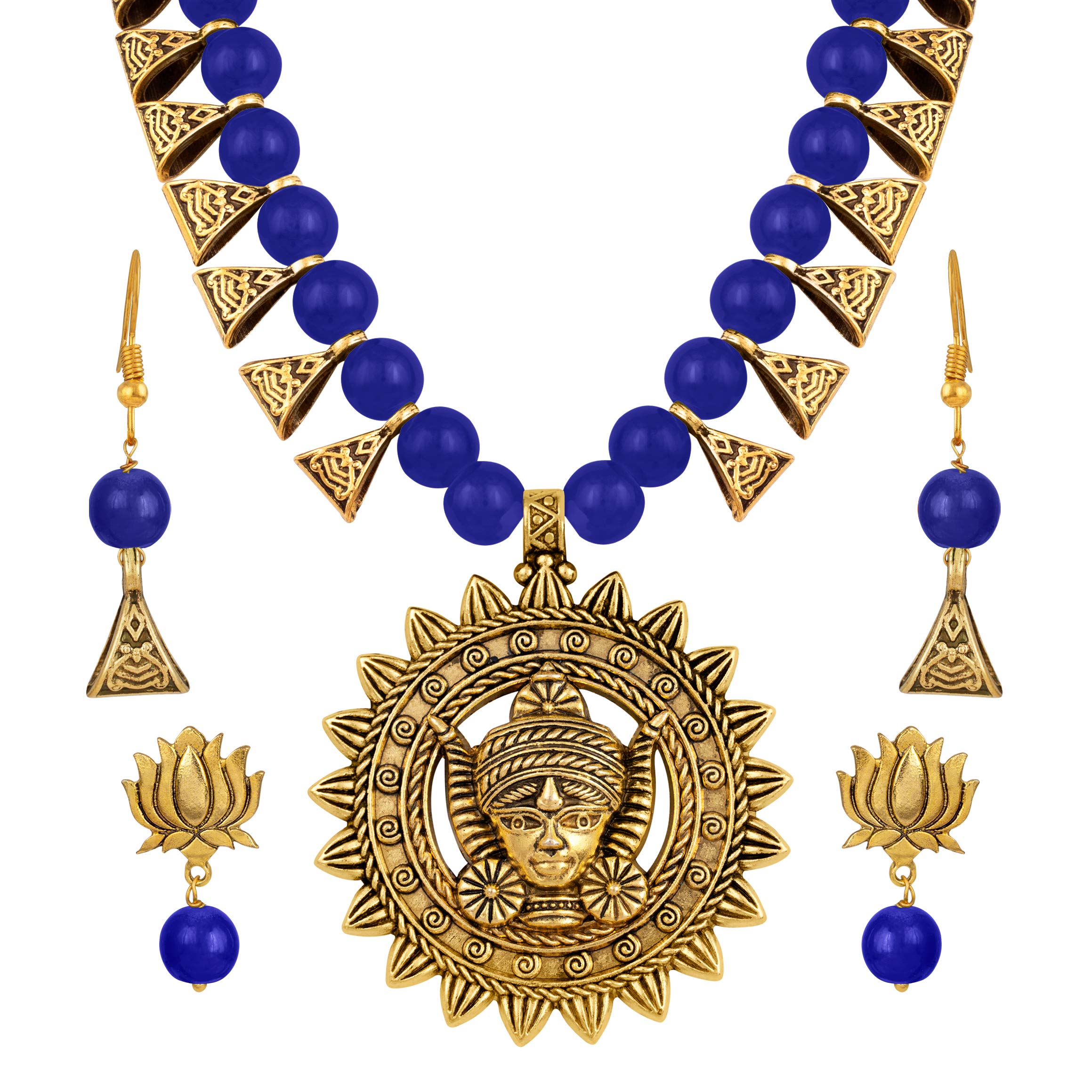 JFL - Jewellery for Less Antique Gold German Silver Oxidized Combo of 2 Earrings and Beaded Temple Necklace Set with Adjustable Thread (Navy Blue),Valentine (B08Z45V8GR) Amazon Price History, Amazon Price Tracker