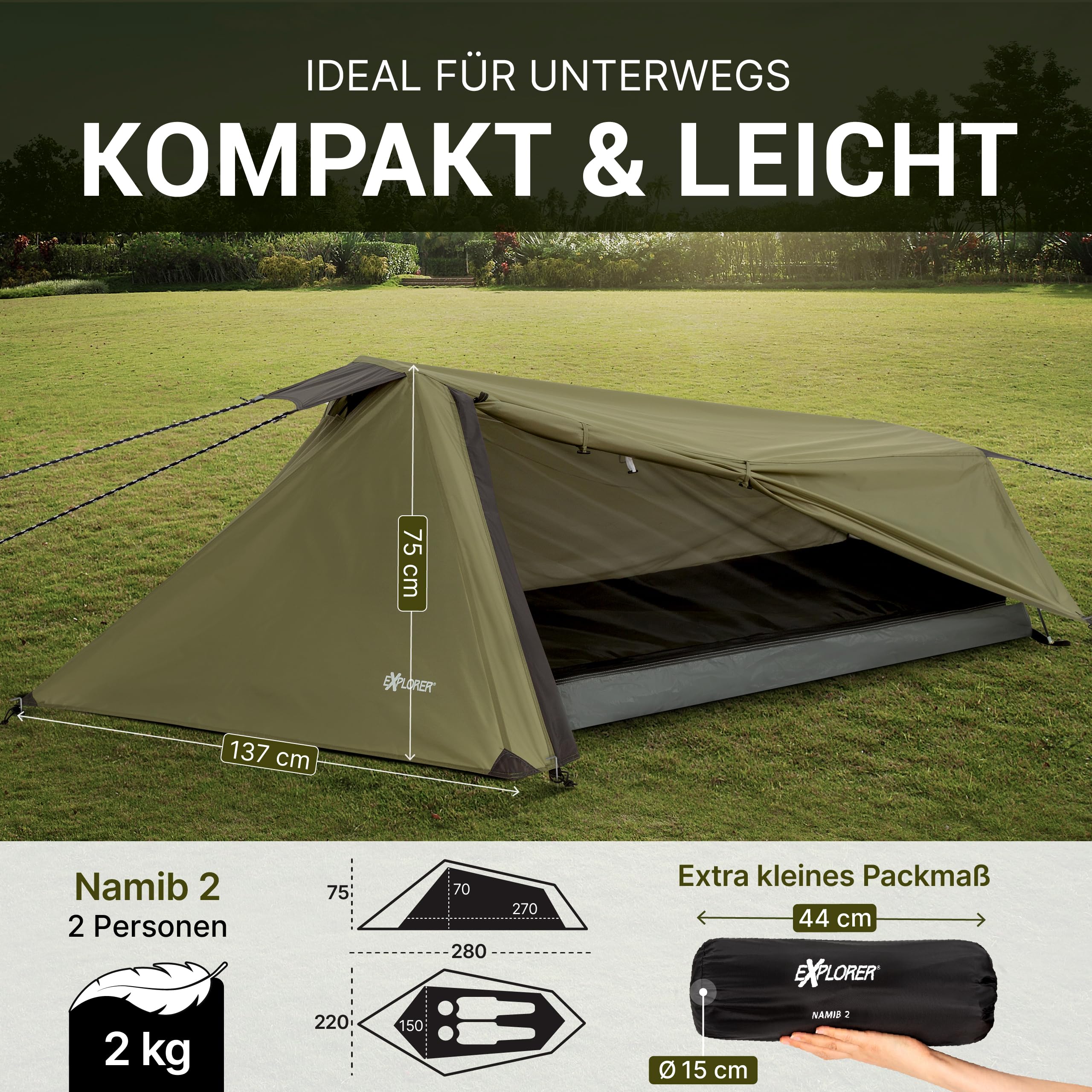 EXPLORER Namib 1 & 2 Personen Zelt kleines Packmaß Ultraleicht für Fahrrad oder Motorrad Reise 1-2 Personen 3000mm Wassersäule mit separatem Innenzelt Wandern Trekking Camping
