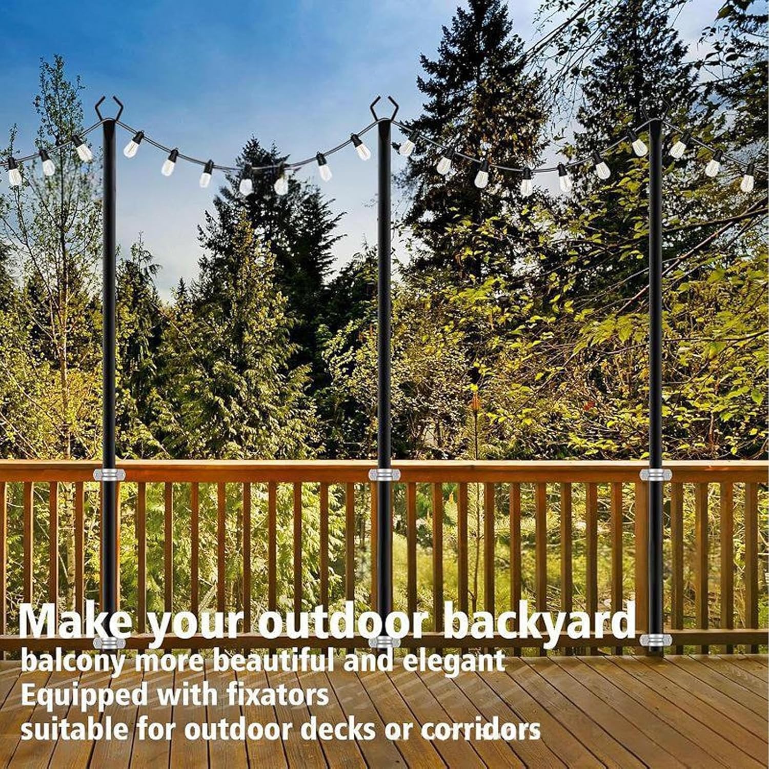 String Light Poles for Outside - Heavy Duty String Support Rod - Weatherproof Outdoor Light Support Poles for Driveway Lawn Balcony Fence Deck Porch Terrace Yard