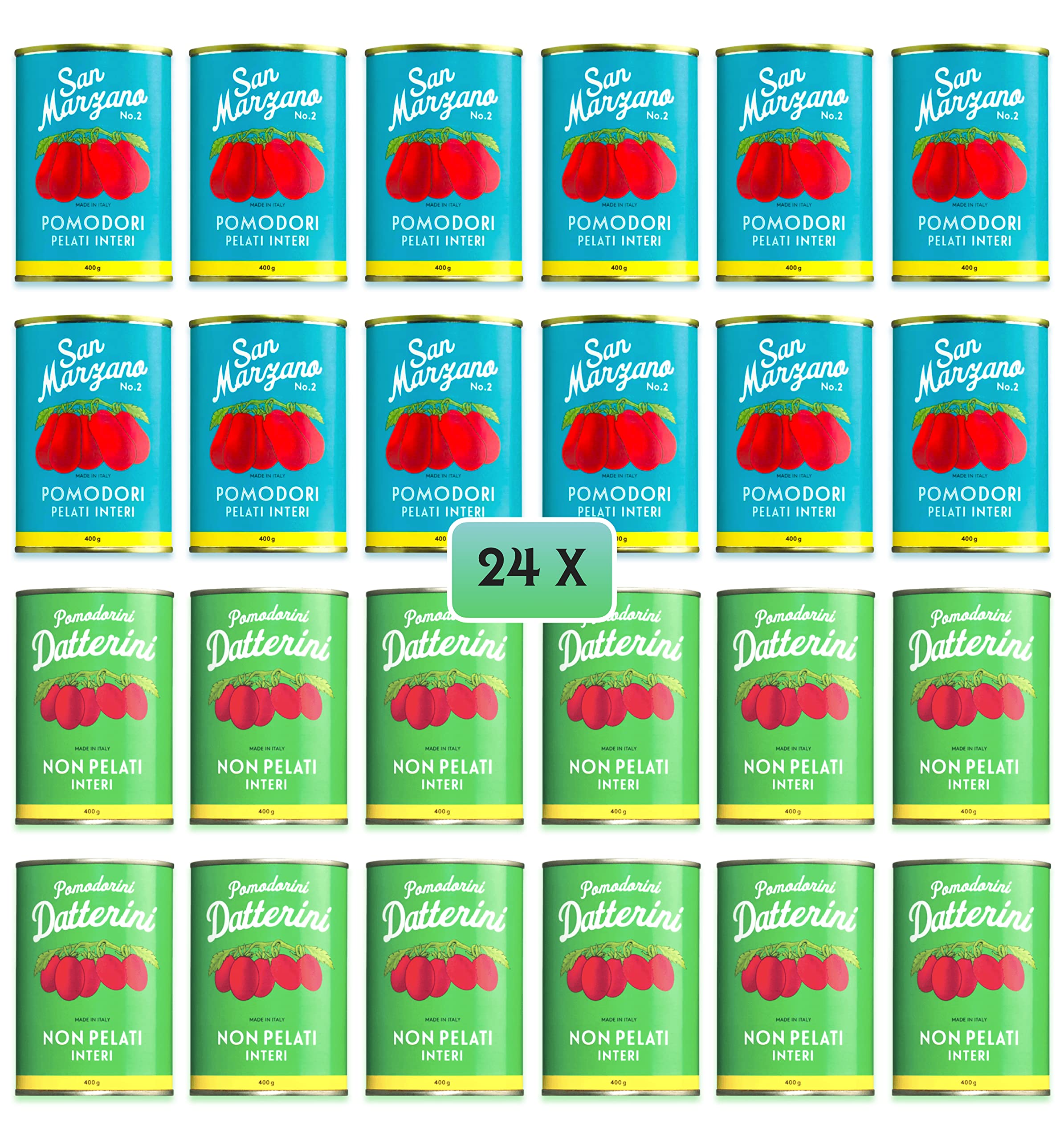 Sapor Design SAN MARZANO Tomaten aus Italien | Die besten Tomaten der Welt im Set | Dosentomaten, San Marzanos | Viele Varianten (San Marzano + Datterini (Türkis-grün), 24 Dosen)