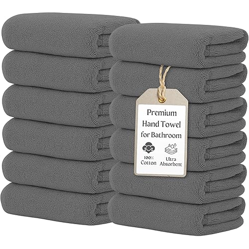 Hand Towels for Bathroom [12 Pack] 16x28, 100% Cotton, Ultra Soft Hand Towel for Gym, Kitchen and Spa, Quick Dry and Highly Absorbent Bulk Towels for Salon (Dark Gray, 12 Pack)