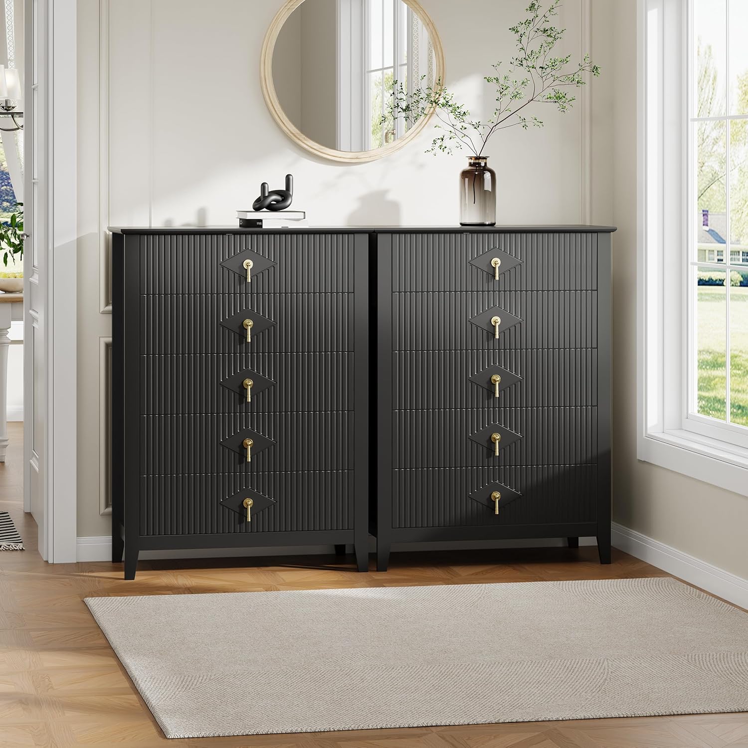 Fluted 5 Drawers Dresser for Bedroom, 42.9" Tall Modern Chest of Drawers with Metal Handle, Wooden Dresser Organizer for Bedroom, Living Room, Hallway, Entryway, Black - Image 7