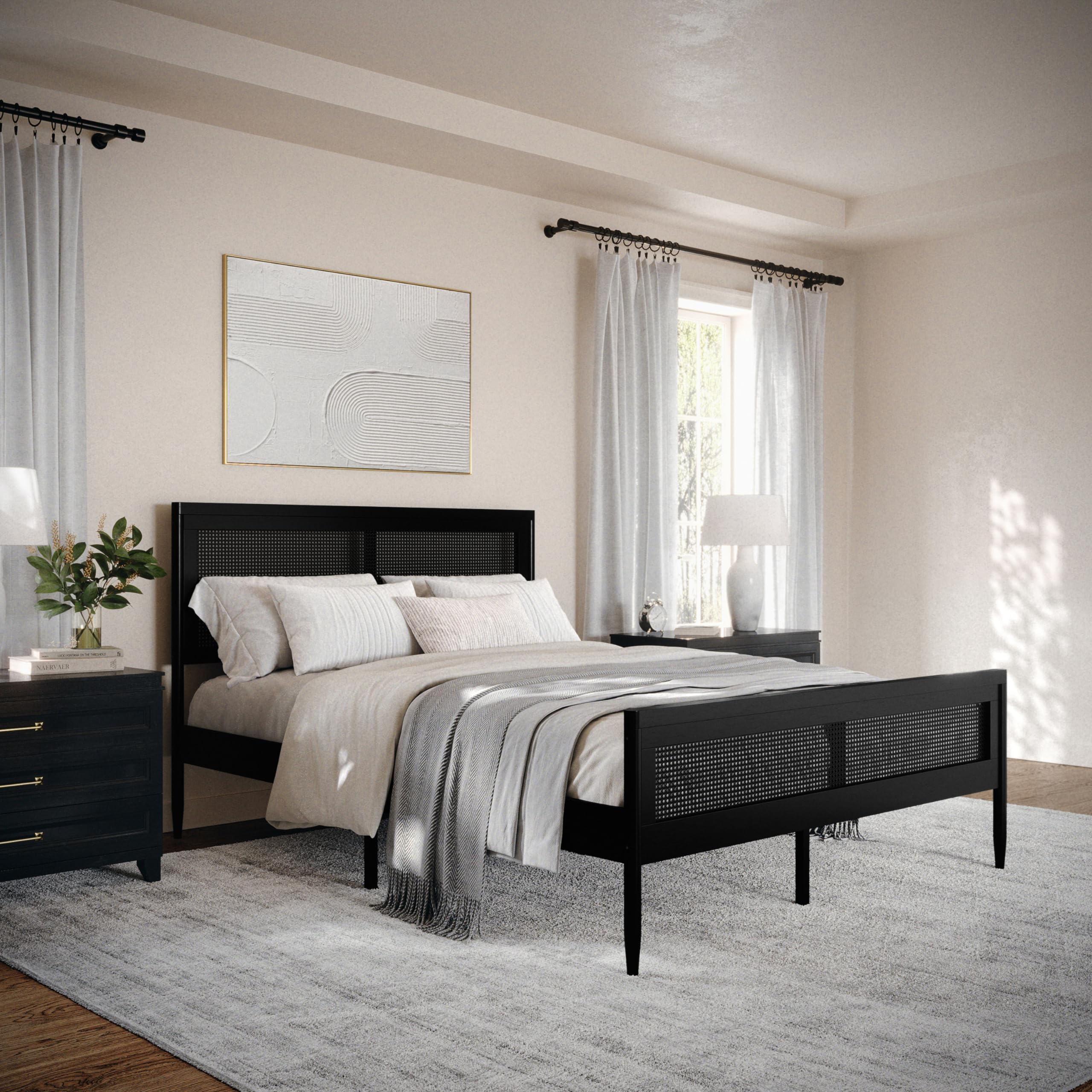 Martha Stewart Jax Platform Bed with Rattan Headboard and Footboard, Solid Wood Frame, Wooden Support Slats, No Box Spring Needed, Queen Size, Black
