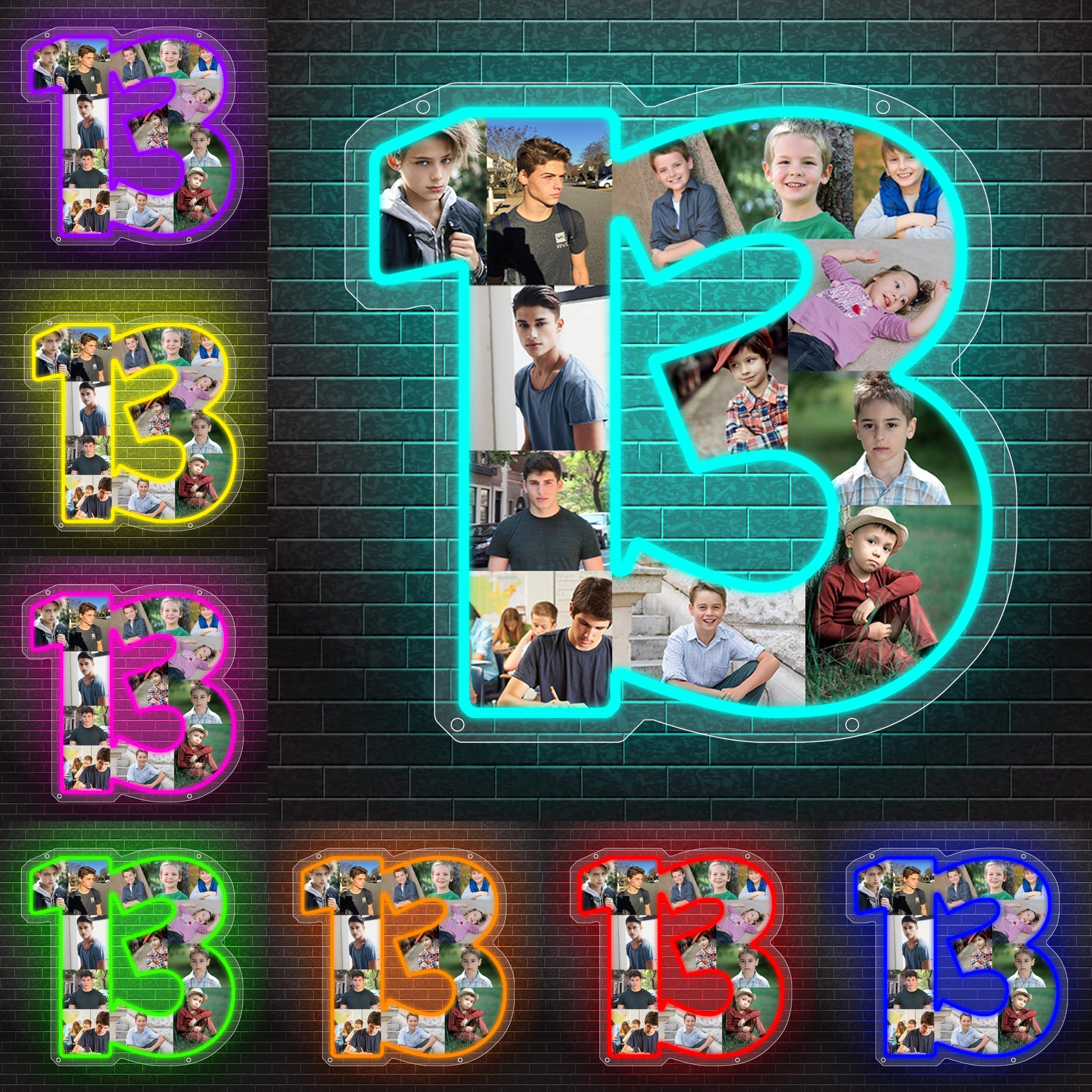 Personalized 13th Birthday Neon Light for Girls Boys Custom 13th Anniversary Photo Collage Wall Night Light Light Up Numbers 13 LED Lamp Numbers 13 Birthday Party Decor Neon Sign for Family Christmas