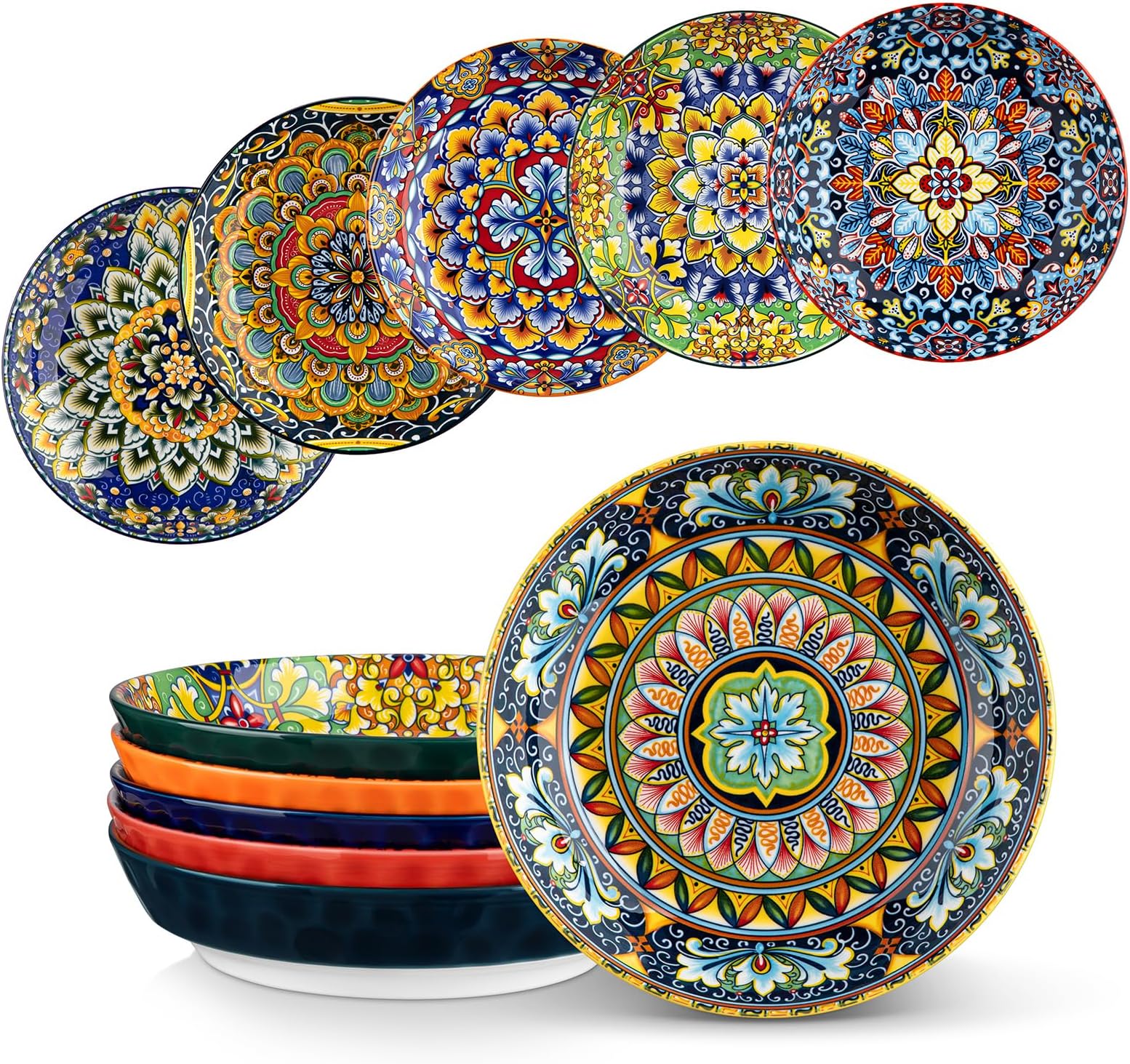 Pasta Bowls, Ceramic Salad Bowls of 6, 32 oz Large Corlorful Serving Bowls for Kitchen, Dishwasher & Microwave Safe Soup Bowls, Pasta Plates