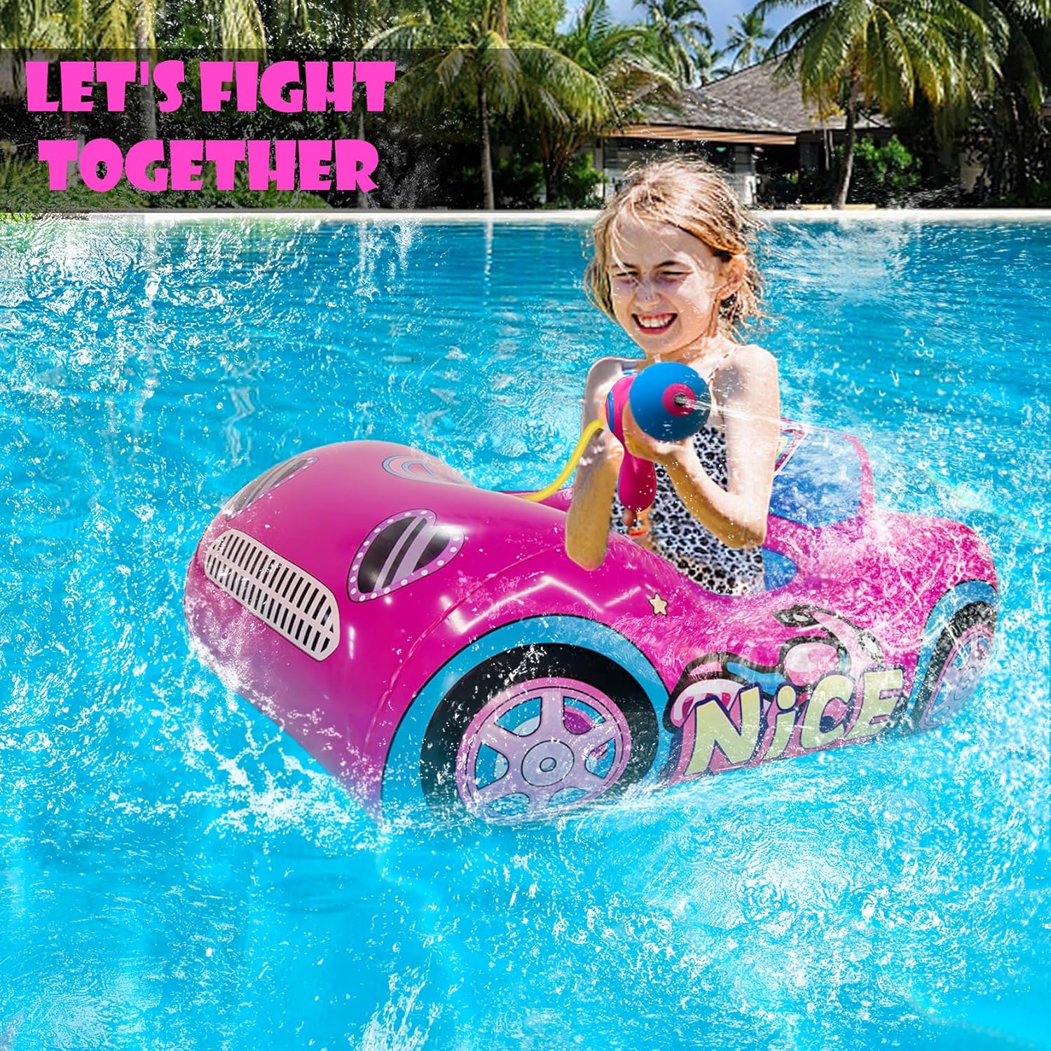 Kids Pool Floats with Pink Water Gun - Toddler Inflatable Pool Toys for Girls Ages 3-8，Princess Swim Float with 3-Layer Safety Seat, Fun Summer Outdoor Water Toy Gift for Kids, Repair Patches Included