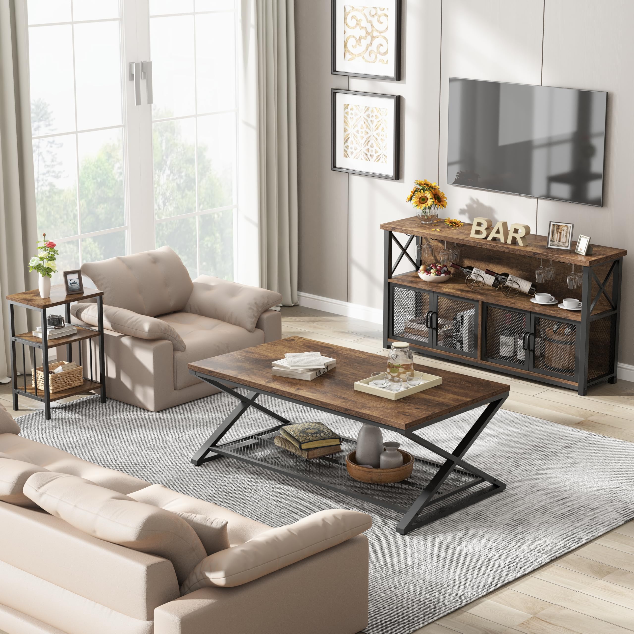 LVB Industrieller Kaffeebar-Schrank, Bauernhaus-Weinbarschrank für Likör und Gläser, Metall-Holz, Sideboard, Buffet, Likörschrank und Weinregal mit Stauraum für Zuhause, Esszimmer, Küche, rustikales