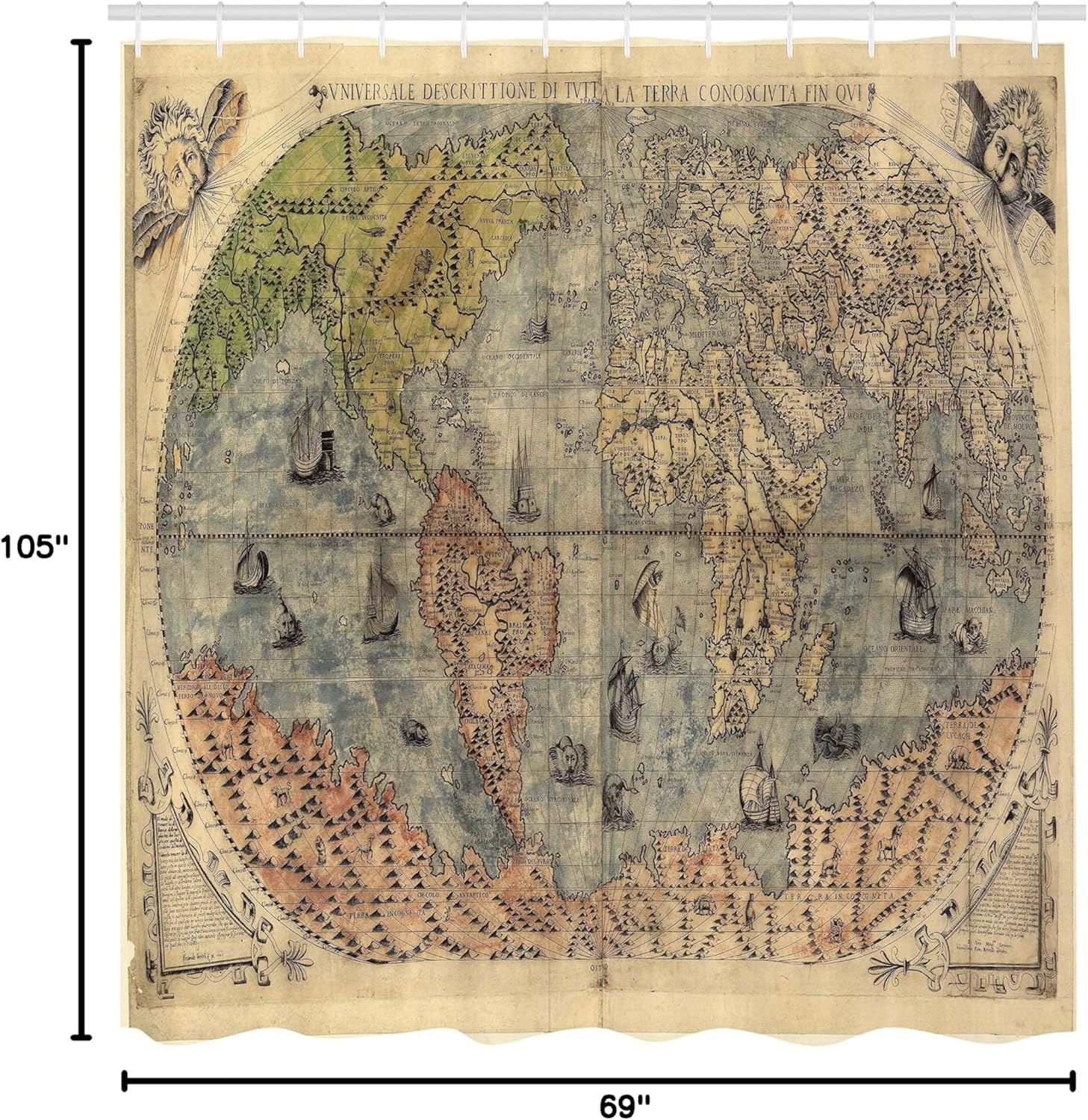 Lunarable Antique Shower Curtain, Map of World Global History Stained Paper Oceans Lands Vintage Atlas, Cloth Fabric Bathroom Decor Set with Hooks, 105" Extra Wide, Cream Green