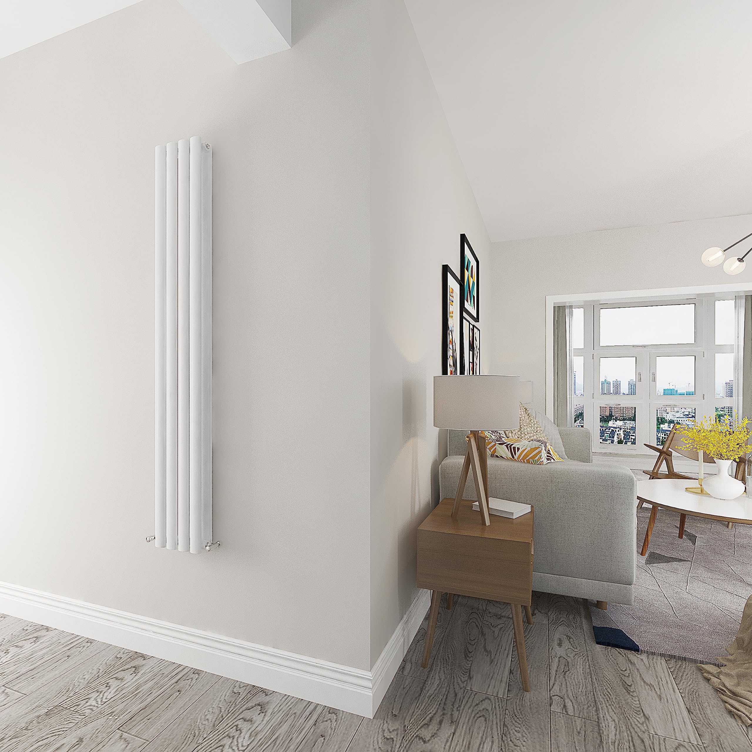 Skybathroom | 1600x236mm Vertical White Oval Double Panel Tall Upright Central Heating Radiator