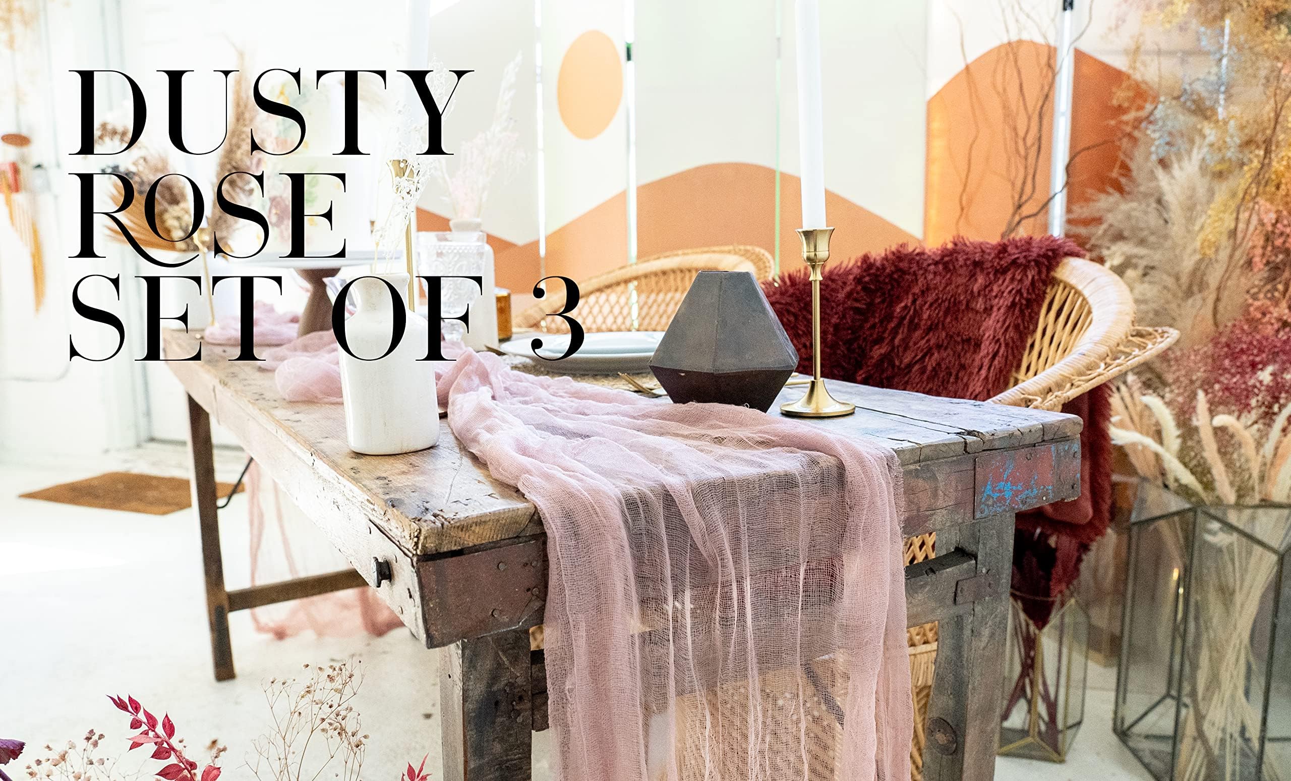 LS DesignsRustic Cotton Gauze Cheesecloth Table Runner 36 inch x 180 inches (3 ft x 15 ft) - Dusty Rose Set of 3 - Open Edge, Non-seared
