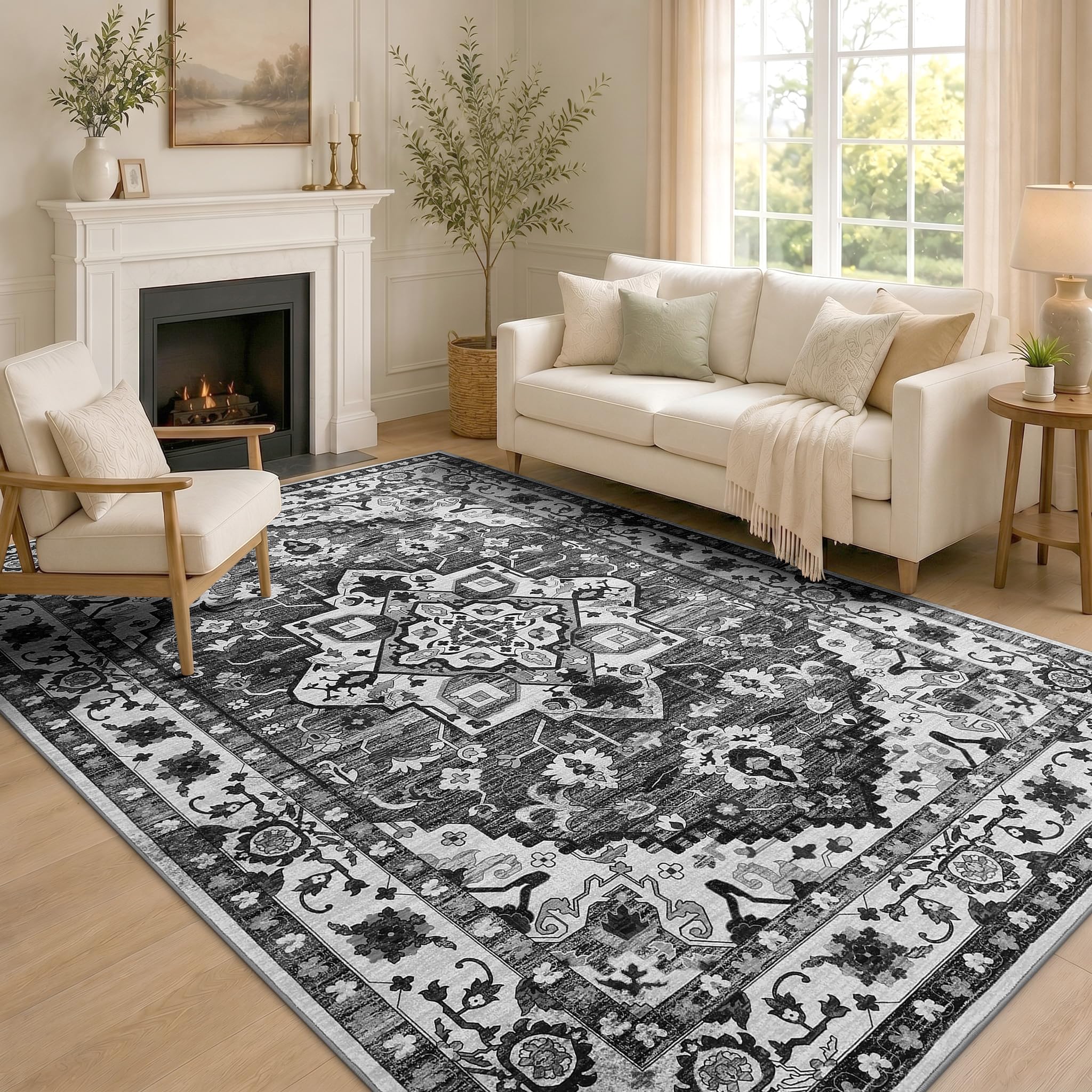 Homaxy Vintage Rugs Living Room Washable Anti Slip Large Rug Low Pile Boho Lounge Carpet for Bedroom, Nursery, Kitchen - 120 x 160 cm, Accent Dark Grey