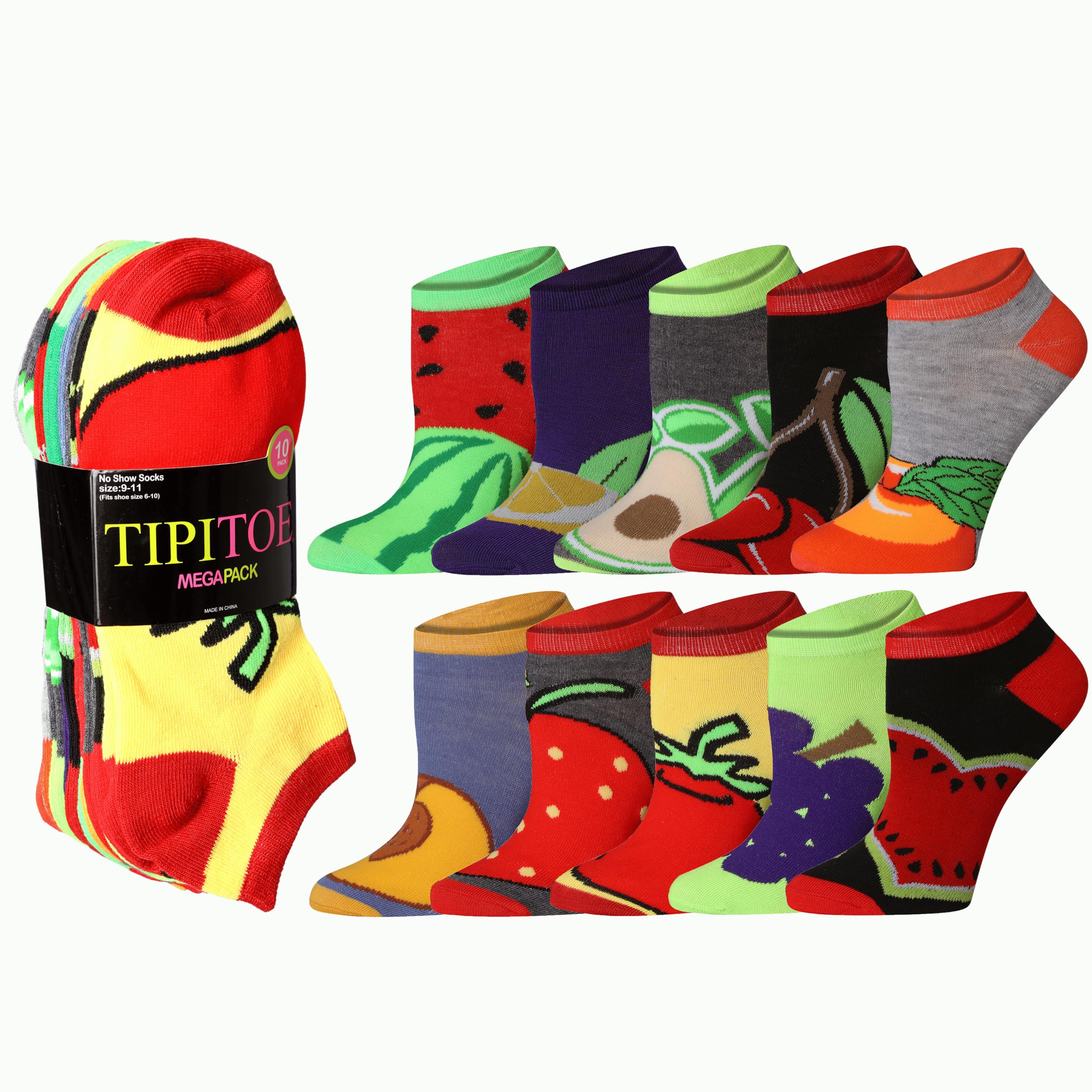Tipi Toe Women's 10 Pairs Crazy Unique Colorful Fun Patterned Low Cut/No Show Socks