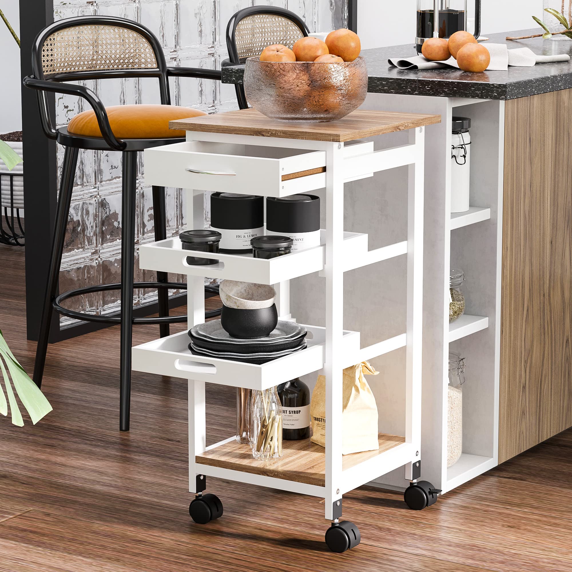 HOMCOM Chariot de Service desserte de Cuisine à roulettes 2 Plateaux Amovibles, tiroir, étagère chêne Clair Bois pin Blanc