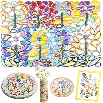 LOTOFUN Mosaic Tiles for Stepping Stones 610g Ceramic Iridescent | Mosaic Tiles for Crafts Bulk with Petals Centers Leaves Stem Decorative Flower Mosaic Supplies for DIY Garden Decor