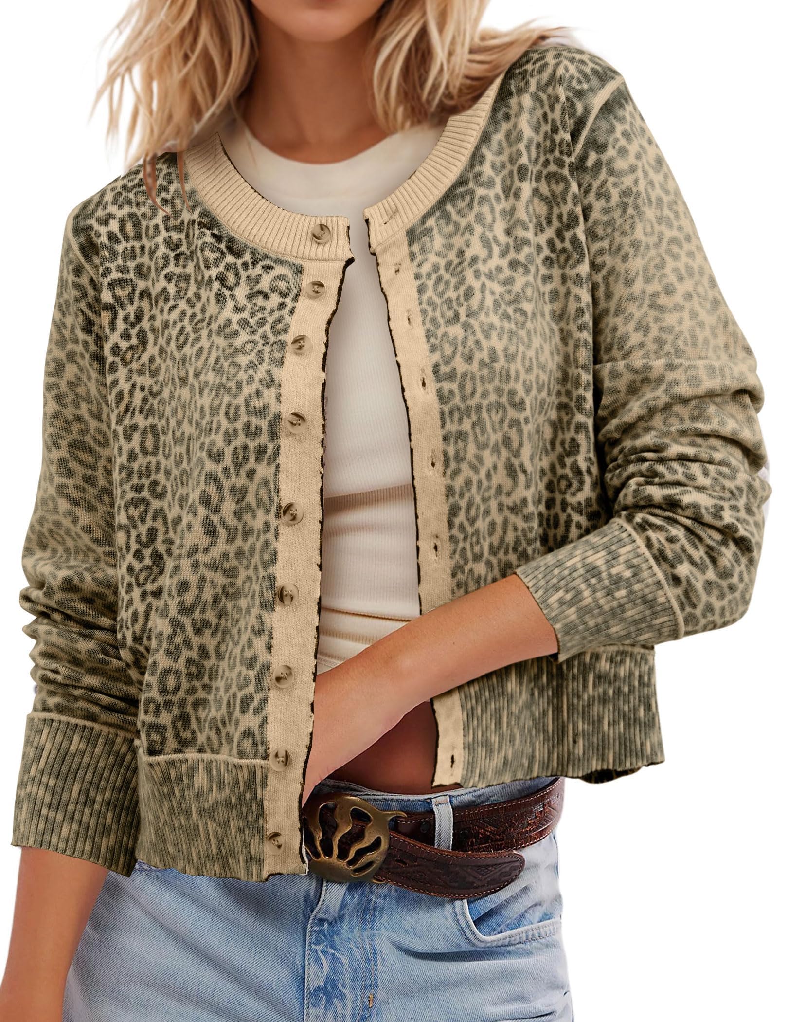 Ziesexy Womens Leopard Cardigan Cropped Button Up Sweater