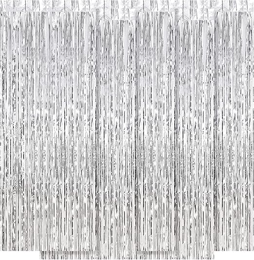 5 Pack Silver Fringe Backdrop 3.2ft x 8.2ft Silver Foil Fringe Curtains Party Tinsel Curtain Backdrop Streamers for Birthday Party Decoration Wedding Christmas Decoration (Silver)