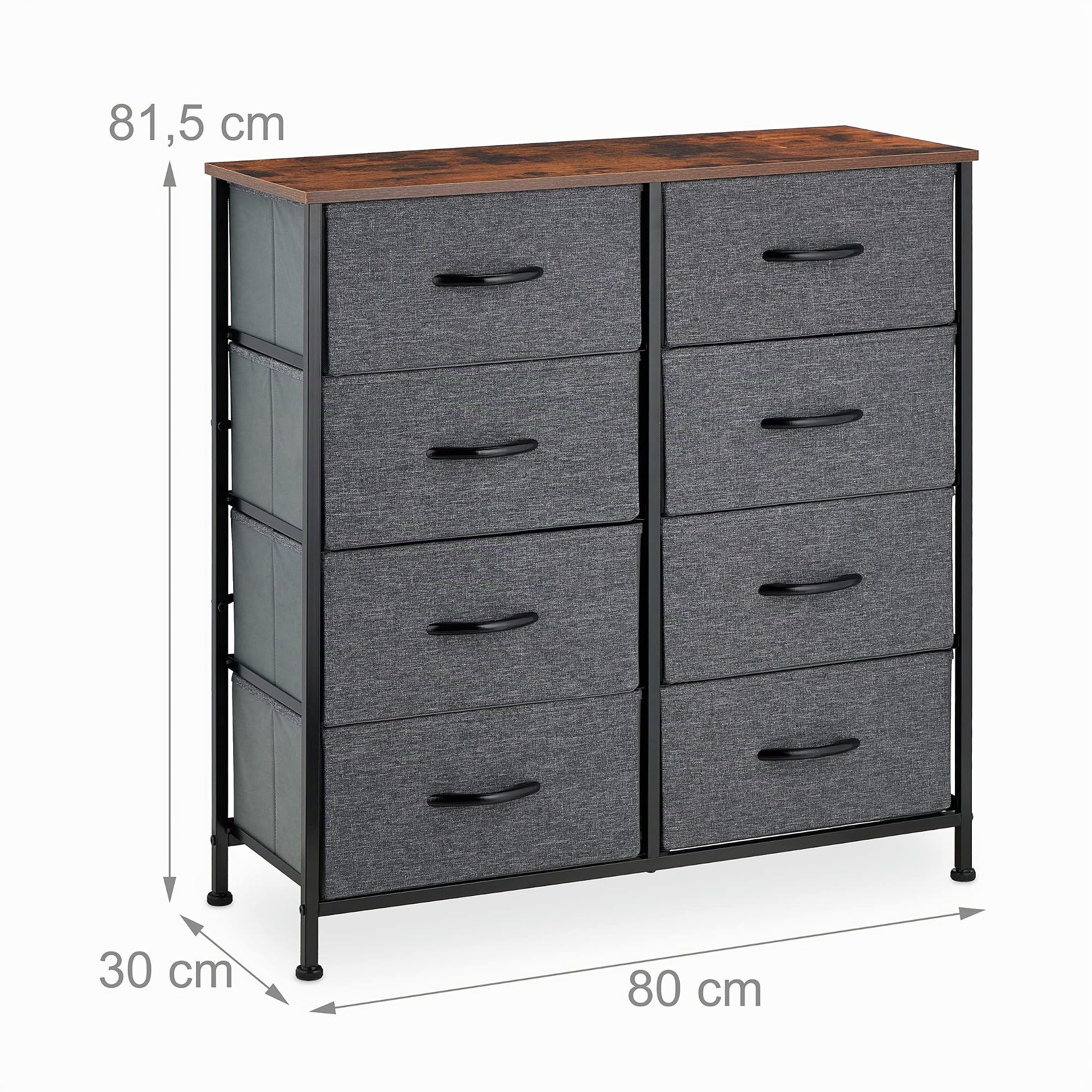Relaxdays Kommode Industrial, HBT 81,5 x 80 x 30 cm, 8 Schubladen, Stoff & Metall, Holzoptik, Flurschrank, grau/braun