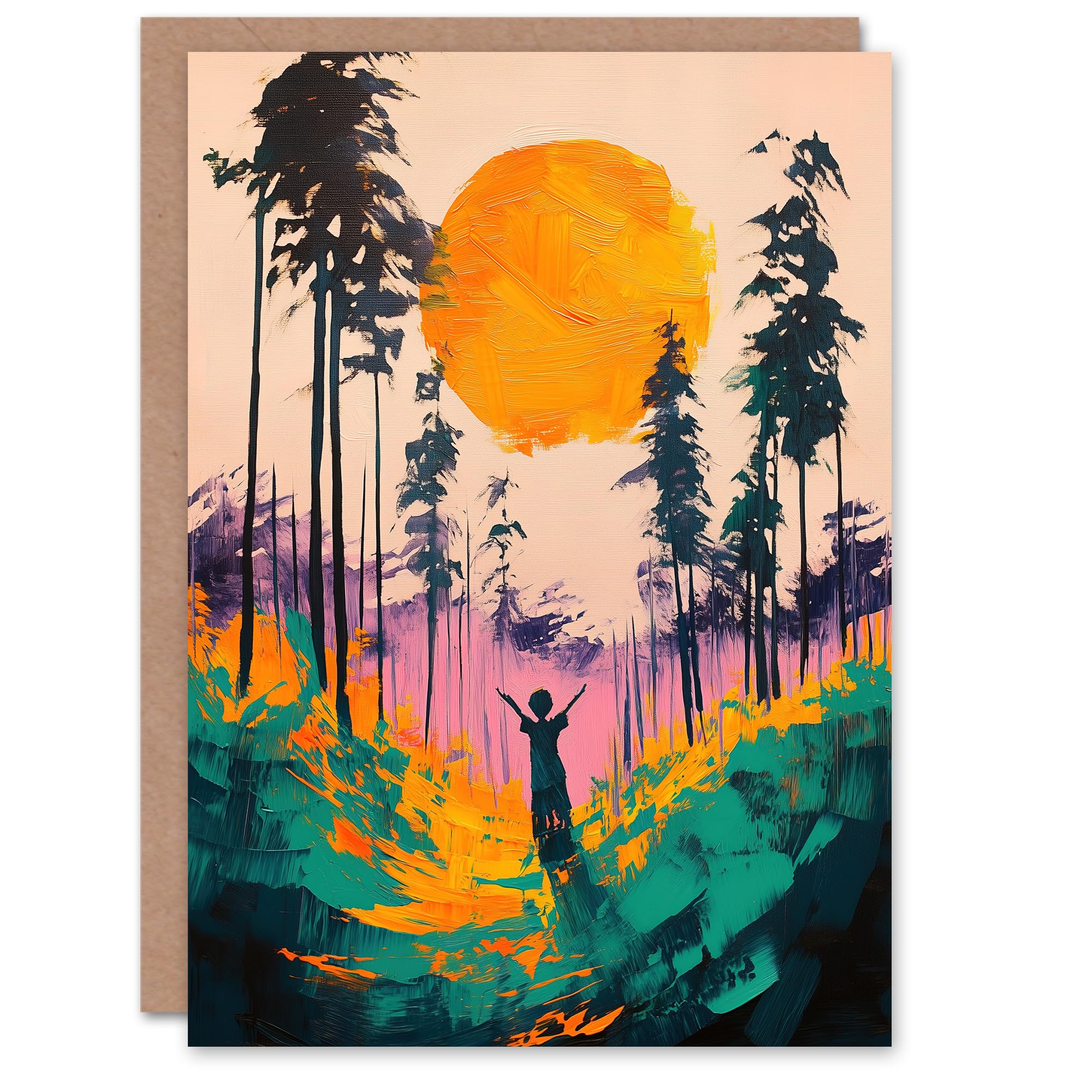 Artery8 Greeting Card Sunrise Joy Abstract Forest Landscape Painting Blank For Him Or Her Art Birthday Card