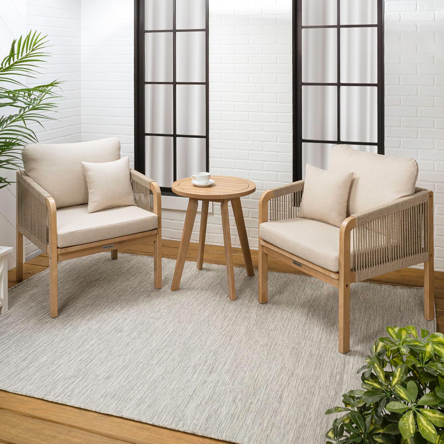 JONATHAN Y LVG1204A-3SET Aveiro 3-Piece Modern Bohemian Roped Corner Acacia Wood Conversation Outdoor Patio Set with Cushions for Patio, Garden, Lawn, Backyard, Deck, Beige/Light Teak
