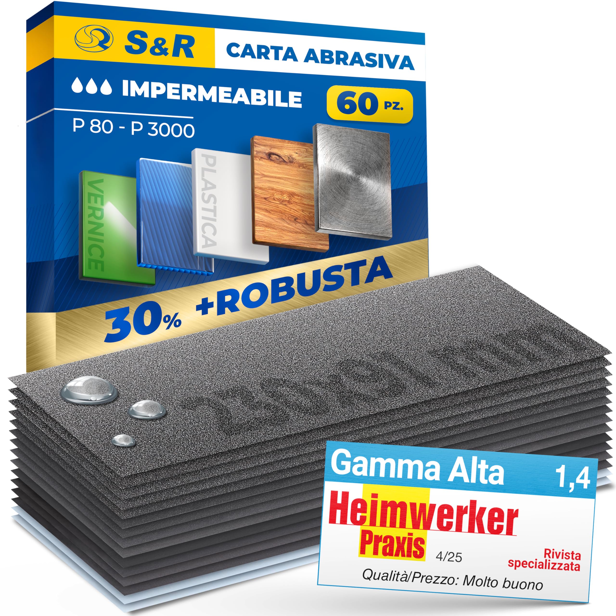 S&R 60 FOGLI Carta Vetrata Abrasiva Impermeabile x Carrozzeria Legno e Metalli 60pz. Grana: 80/120/ 150/180/ 240/320/ 400/600/ 800/1000/ 1200/1500/ 2000/2500/ 3000