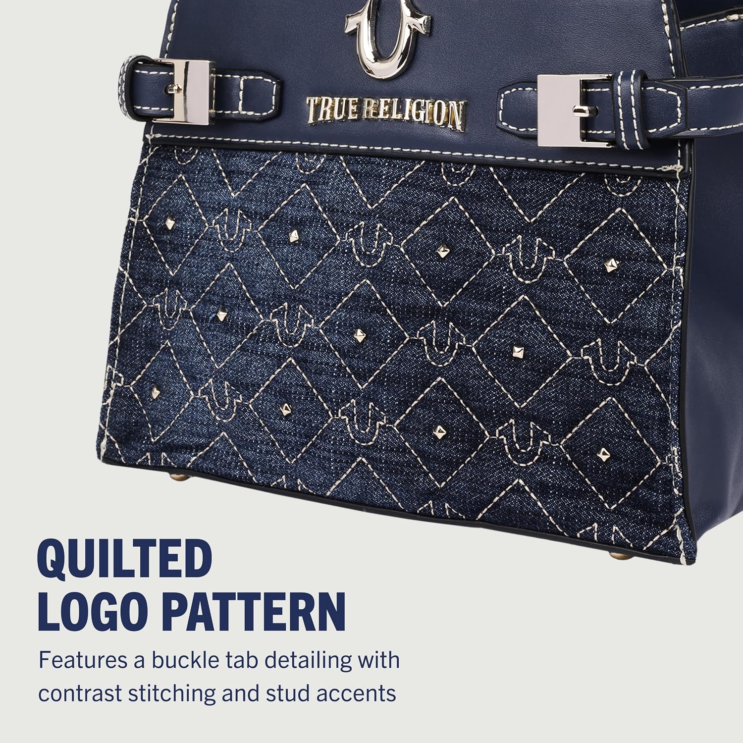 True Religion Tote Bag, Studded Denim Purse with Quilted Horseshoe Pattern, Buckle Tab Details and Gold Hardware, Dark Denim