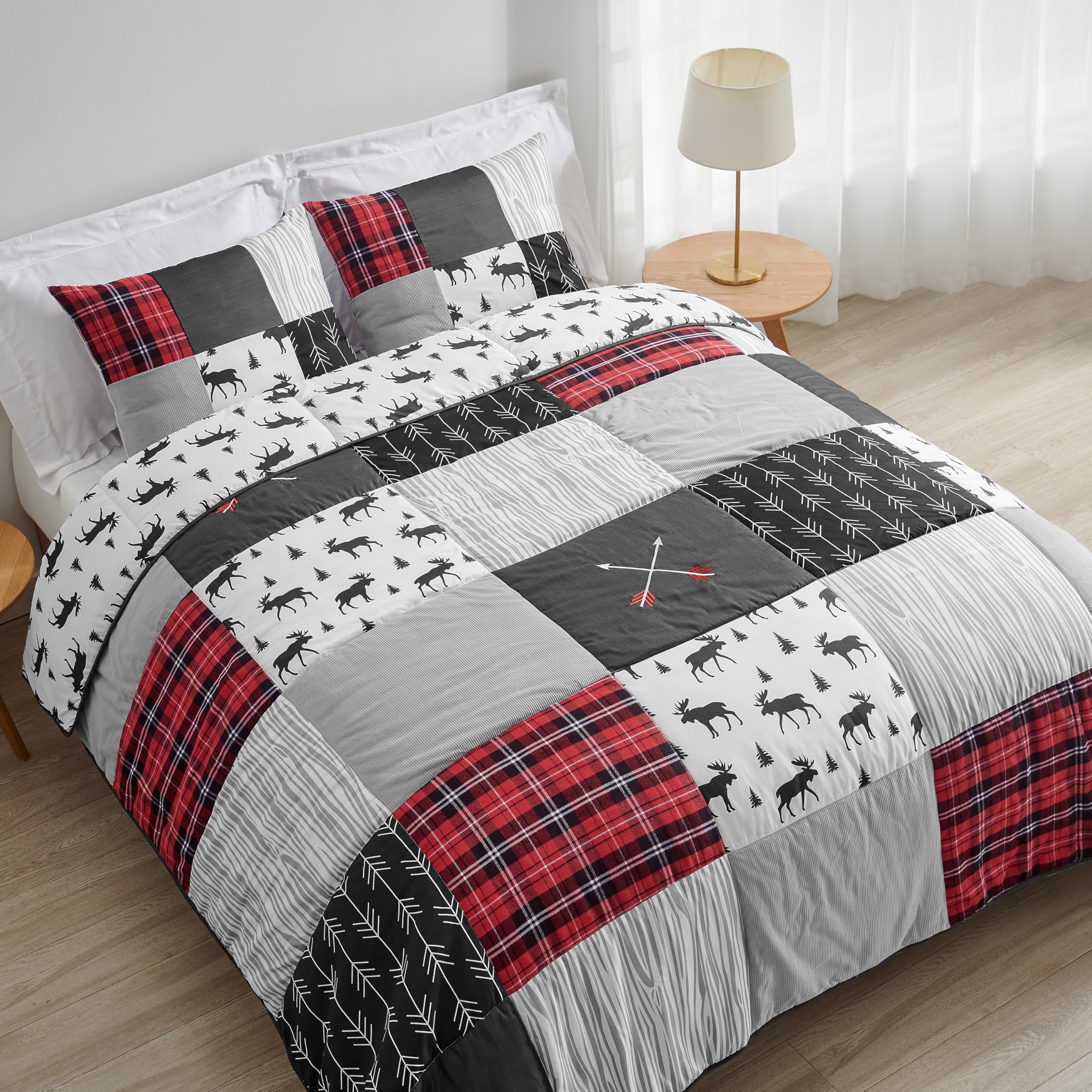 Sweet Jojo Designs Grey, Black and Red Woodland Plaid and Arrow Rustic Patch Boy Full/Queen Kid Teen Bedding Comforter Set 3 Pieces - Flannel Moose Gray Rustic Patch Full/Queen Size