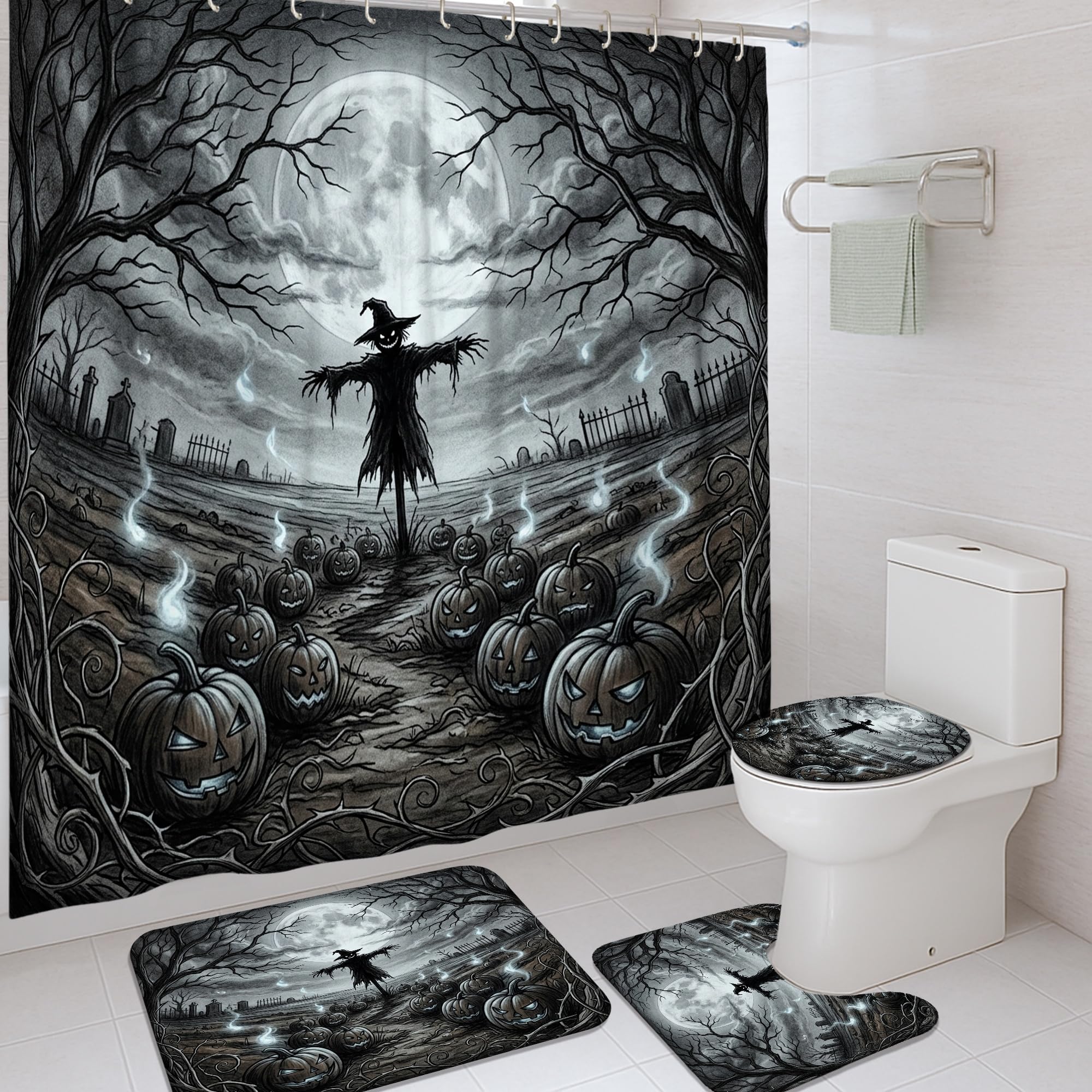 Rideau de douche anti-éclaboussures noir et tapis de bain assorti décoration Halloween