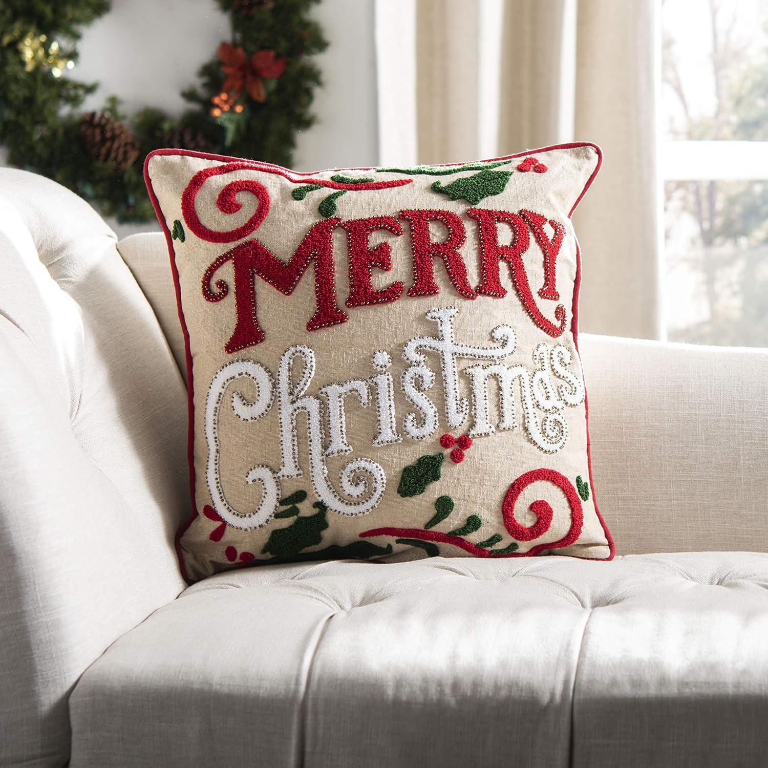 Safavieh Home Merry Merry Green and Red and Beige Christmas 18-inch Decorative Pillow